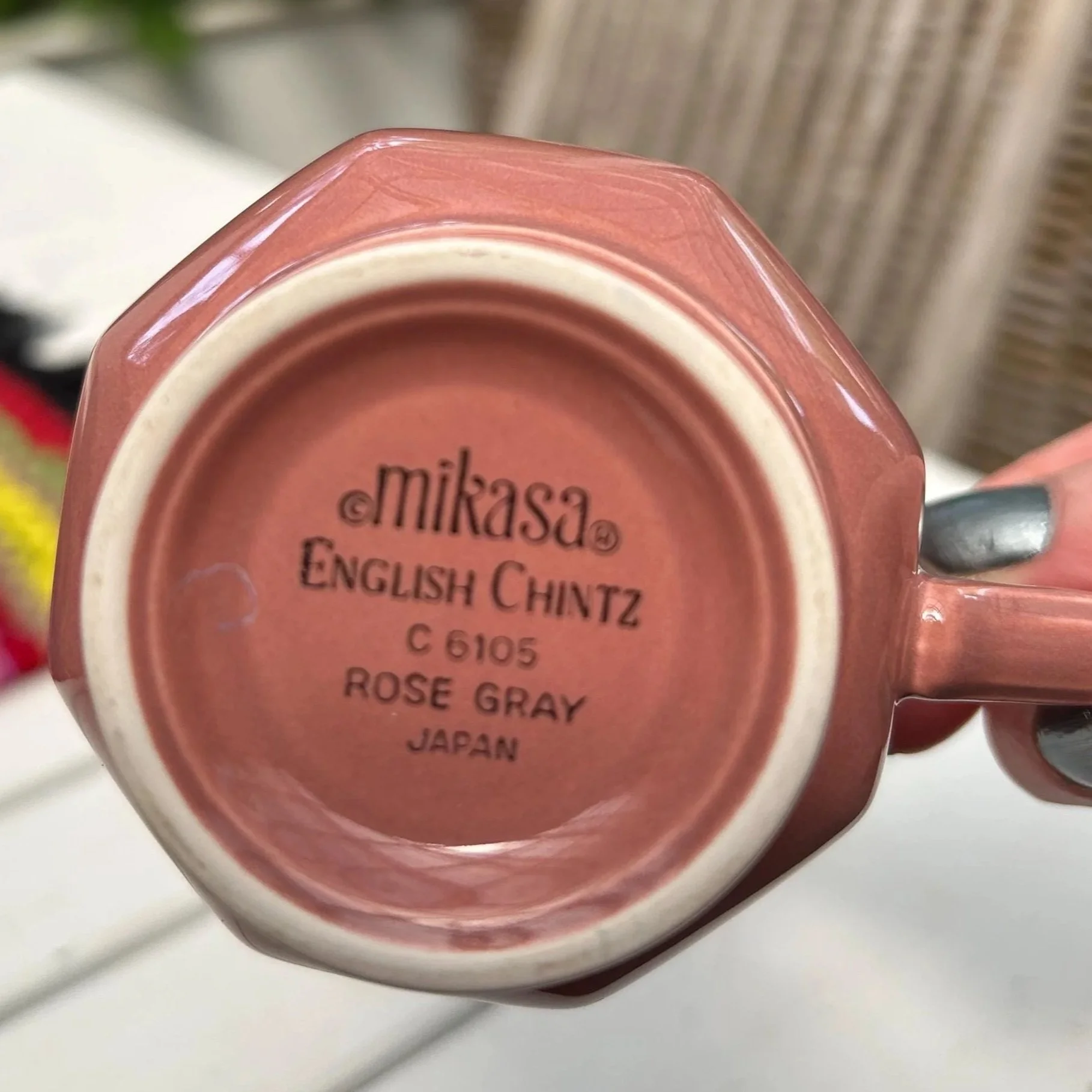 Underside of cup showing Mikasa English Chintz Rose Gray Japan stamp