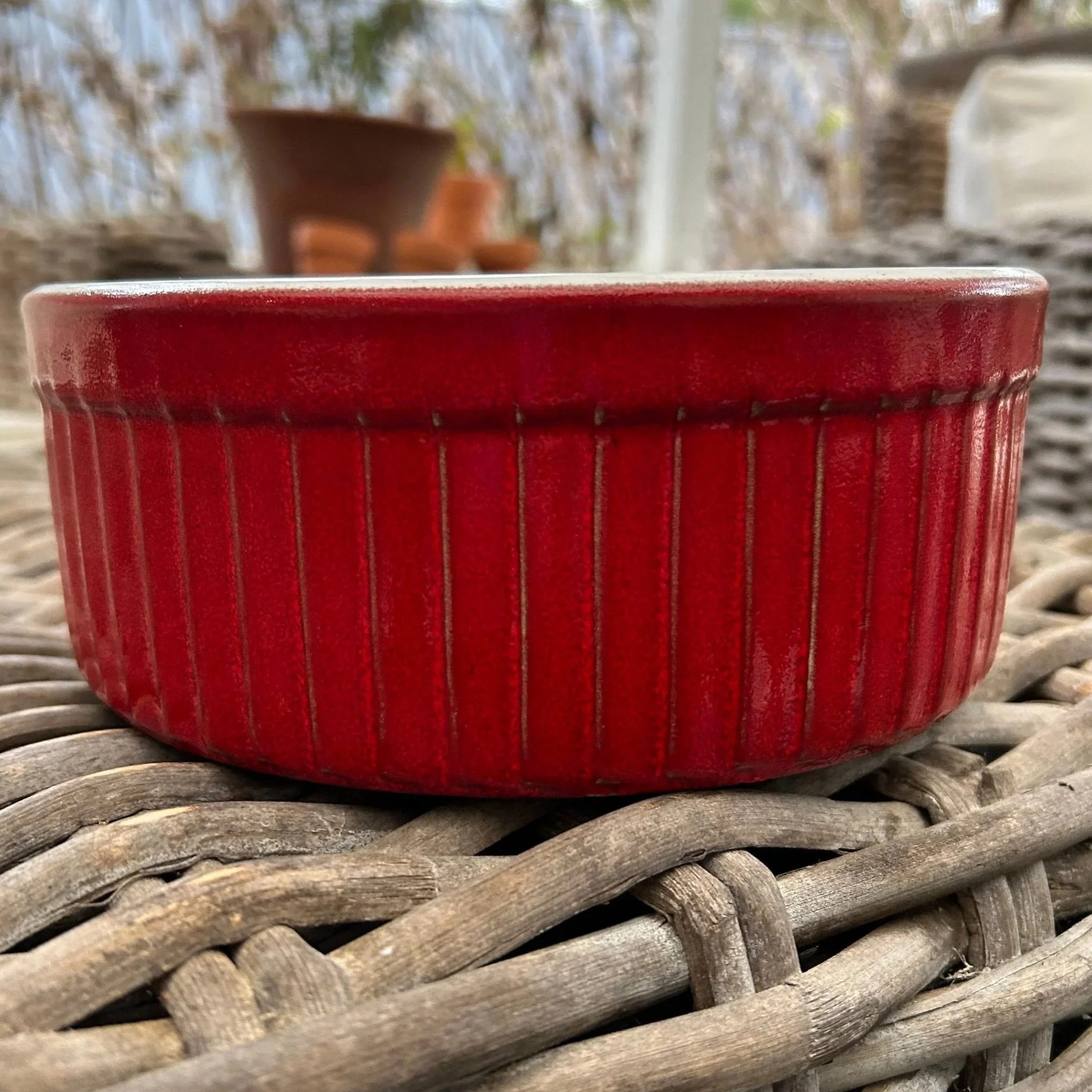 Emile Henry Red Soufflé Dish | French Vintage Ceramic | Ridged Casserole Bakeware | Marcigny, France