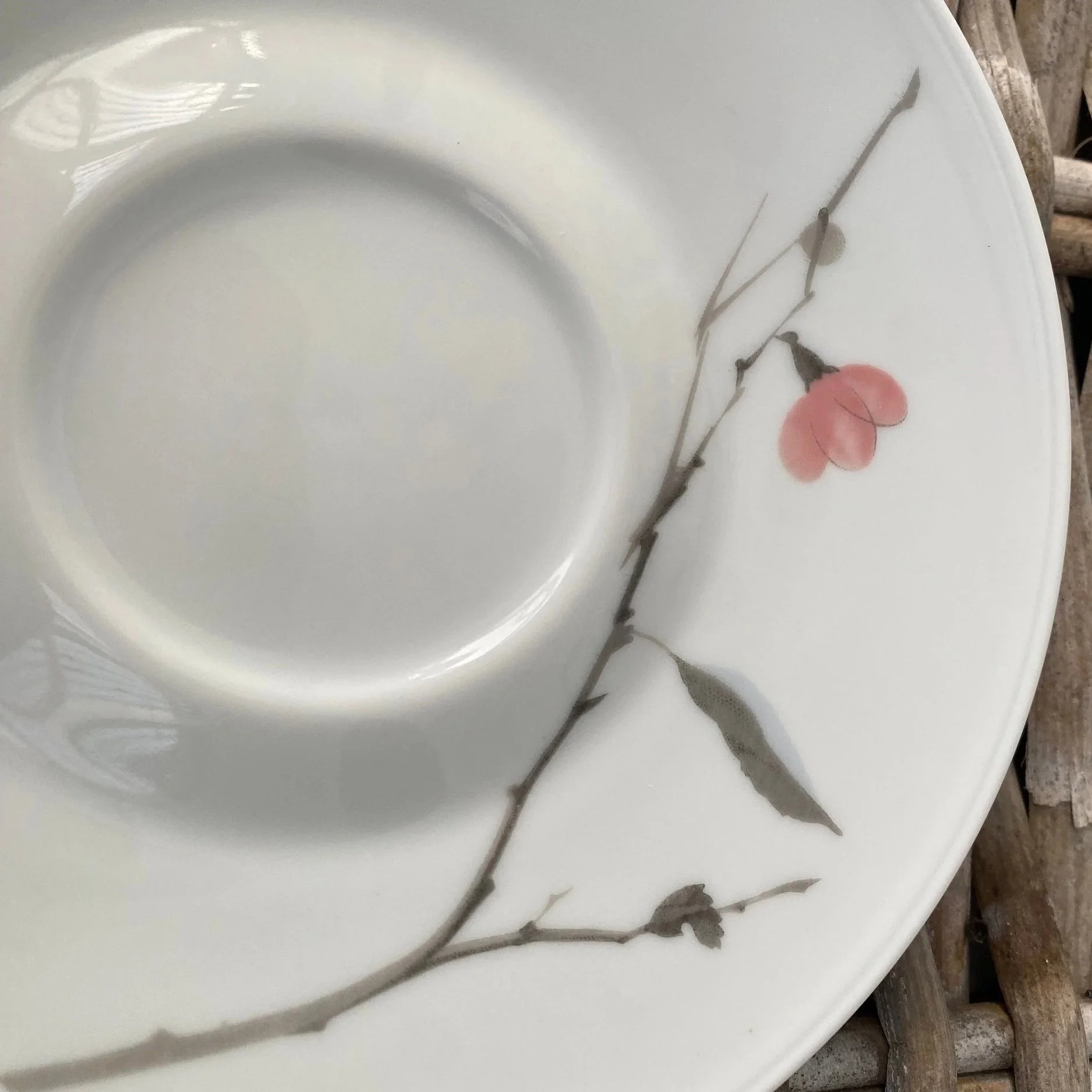 Angled close-up of branch and blossom detail on white porcelain