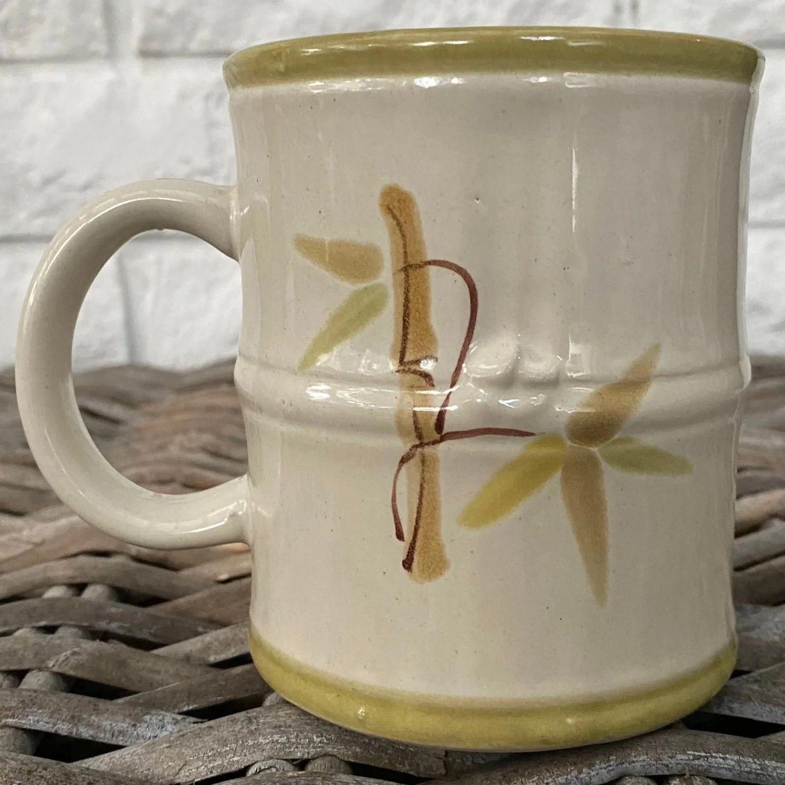 Side view of Stonecrest Bright Bamboo mug showing handle and bamboo stalk design