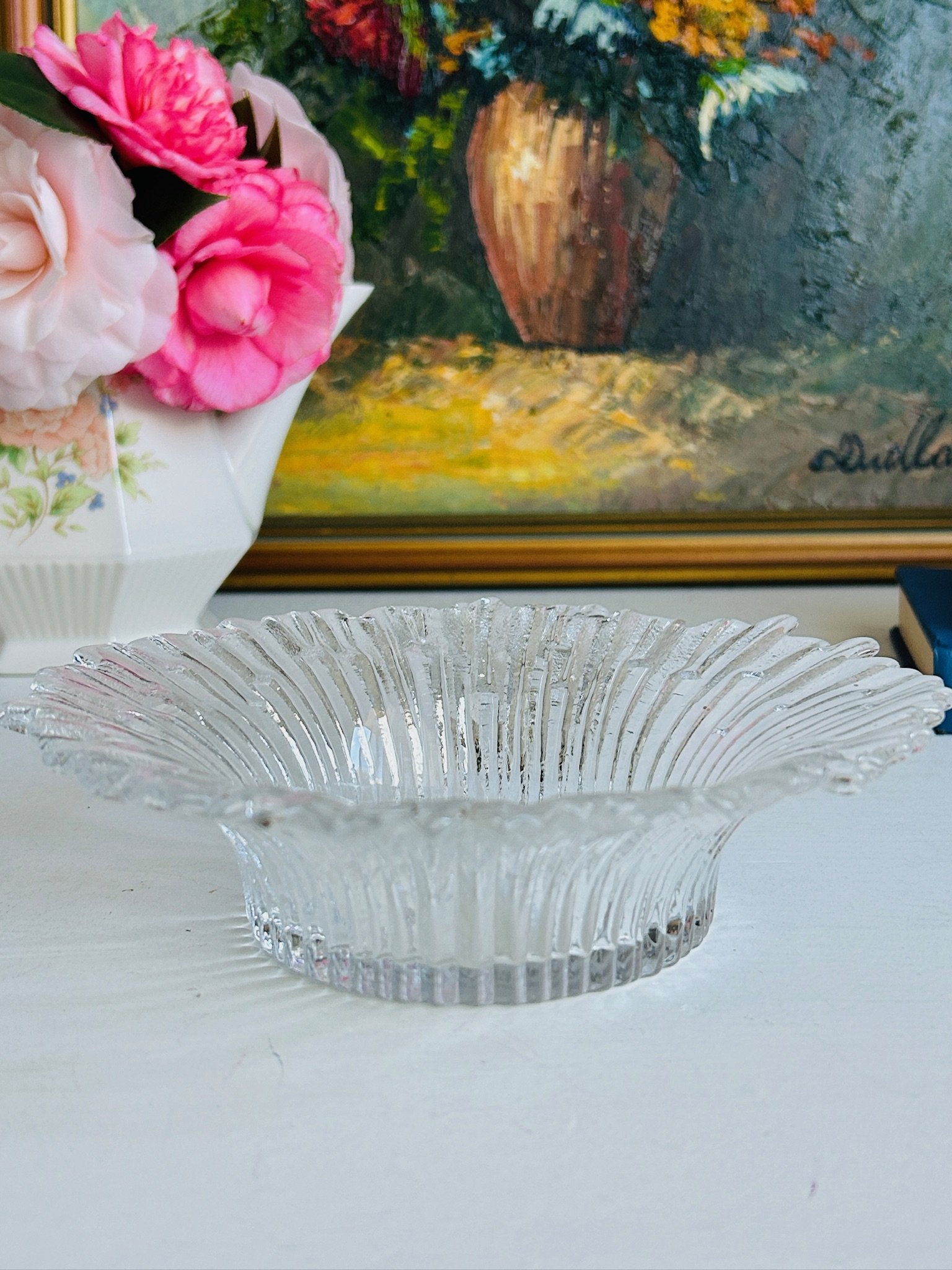 Humppila Revontulet Finnish ice glass dish on a white surface showing its shallow bowl profile and ribbed base