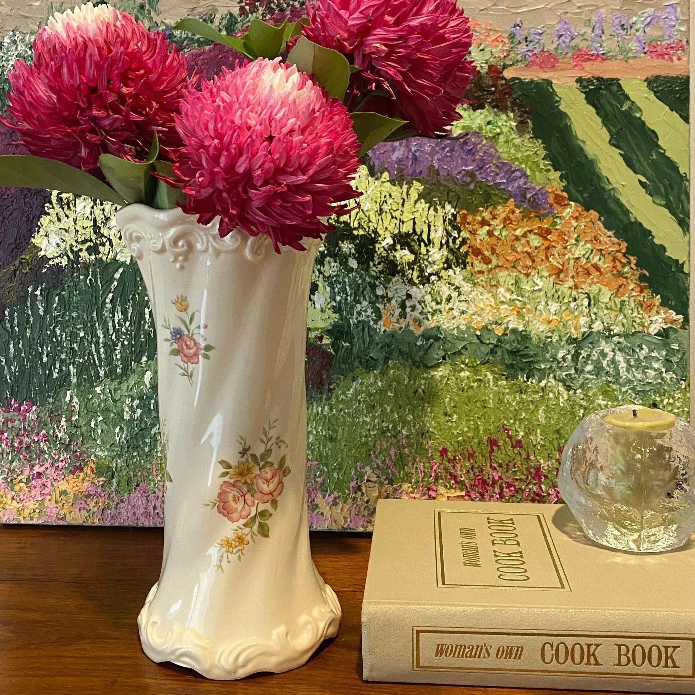 Grizelle porcelain floral vase with pink roses styled with flowers on wooden surface