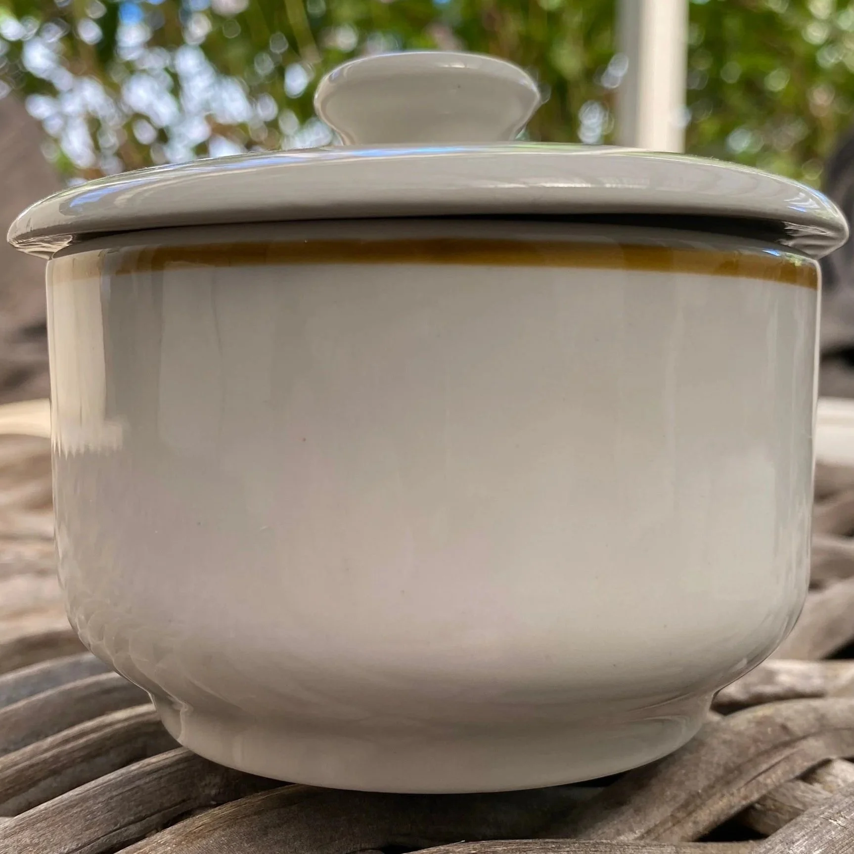 Side view of Ultraline vitrified sugar bowl with lid on and brown rim detailing