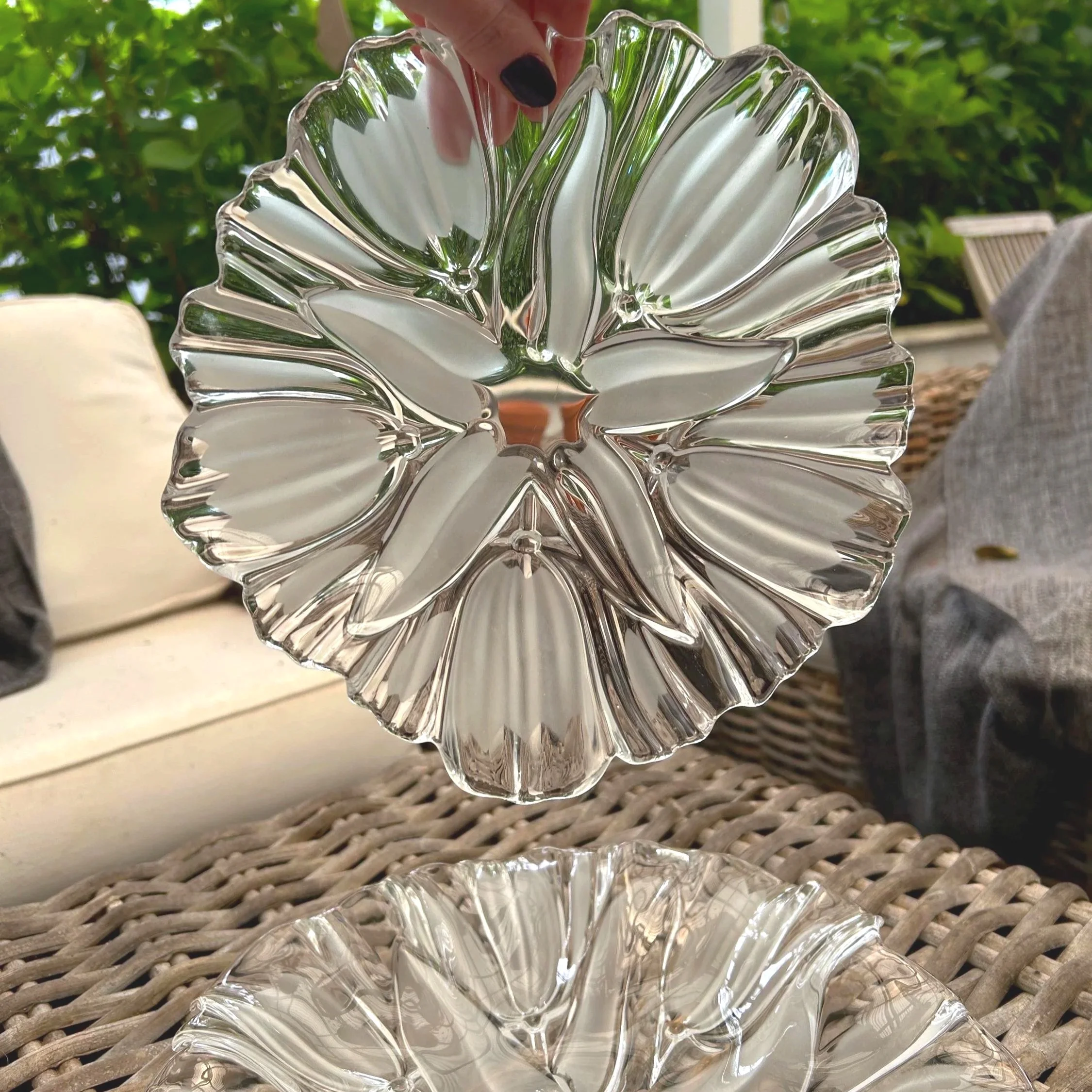 Full view of both plates on wicker table – large and small shown together