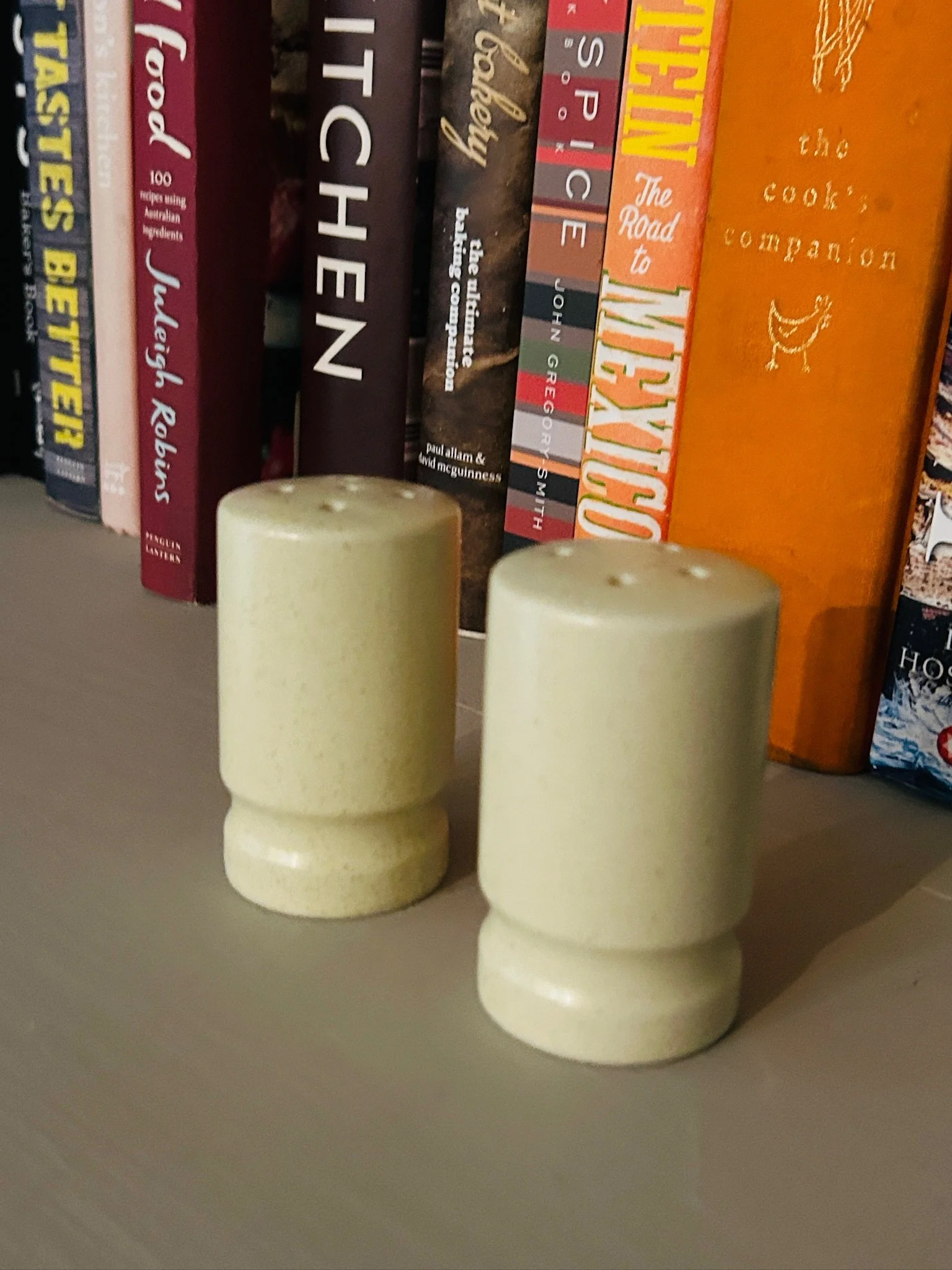 Pair of cream speckled salt and pepper shakers styled on a shelf in front of cookbooks