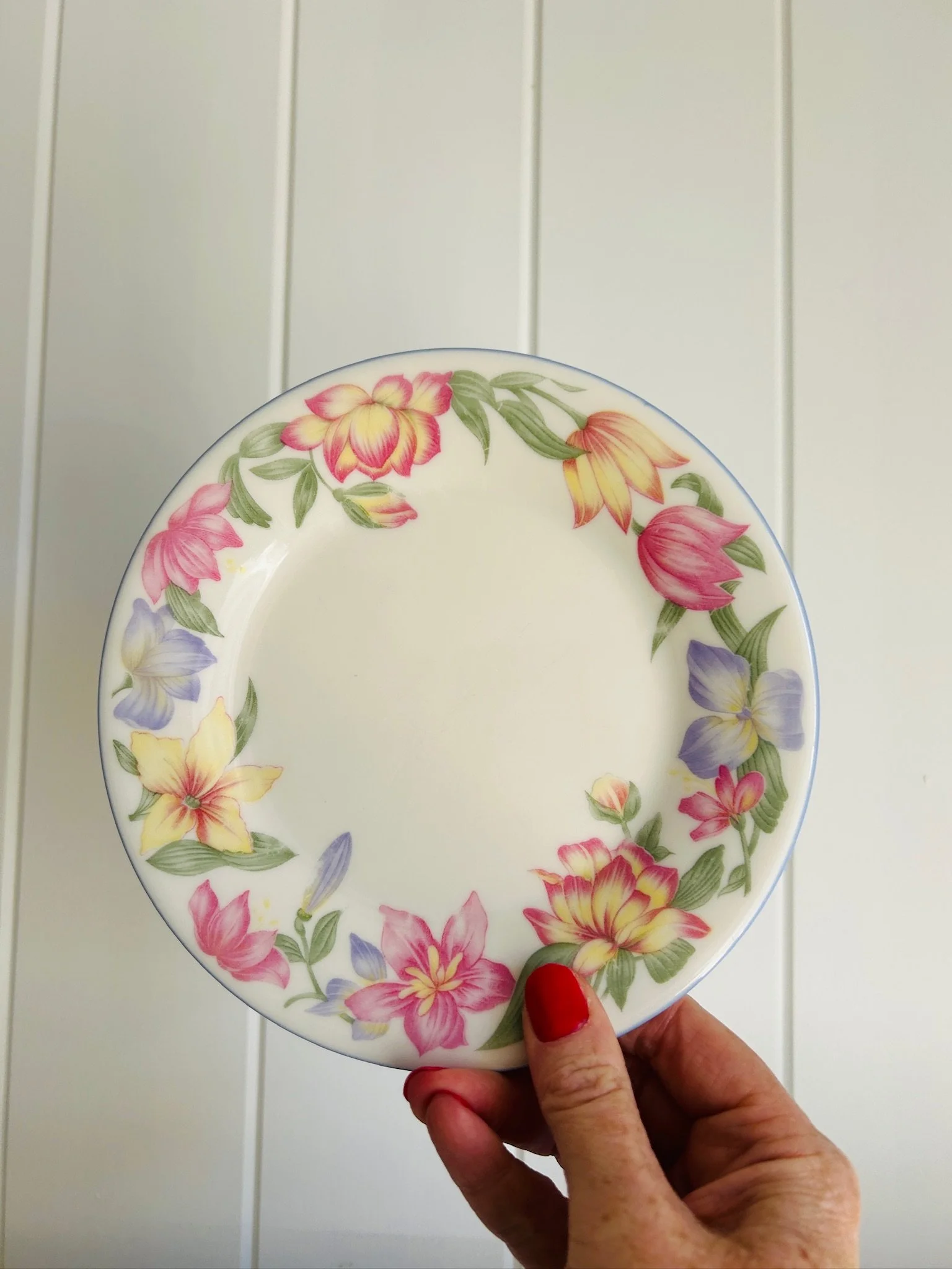 Front view of one Royal Doulton Blooms side plate held in hand, showing the full design and scale