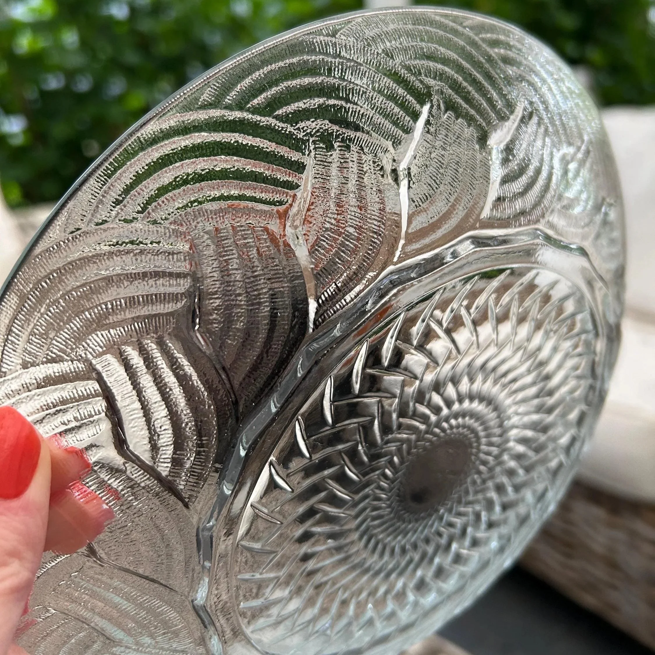 Close-up of inner swirl weave pattern on base of bowl