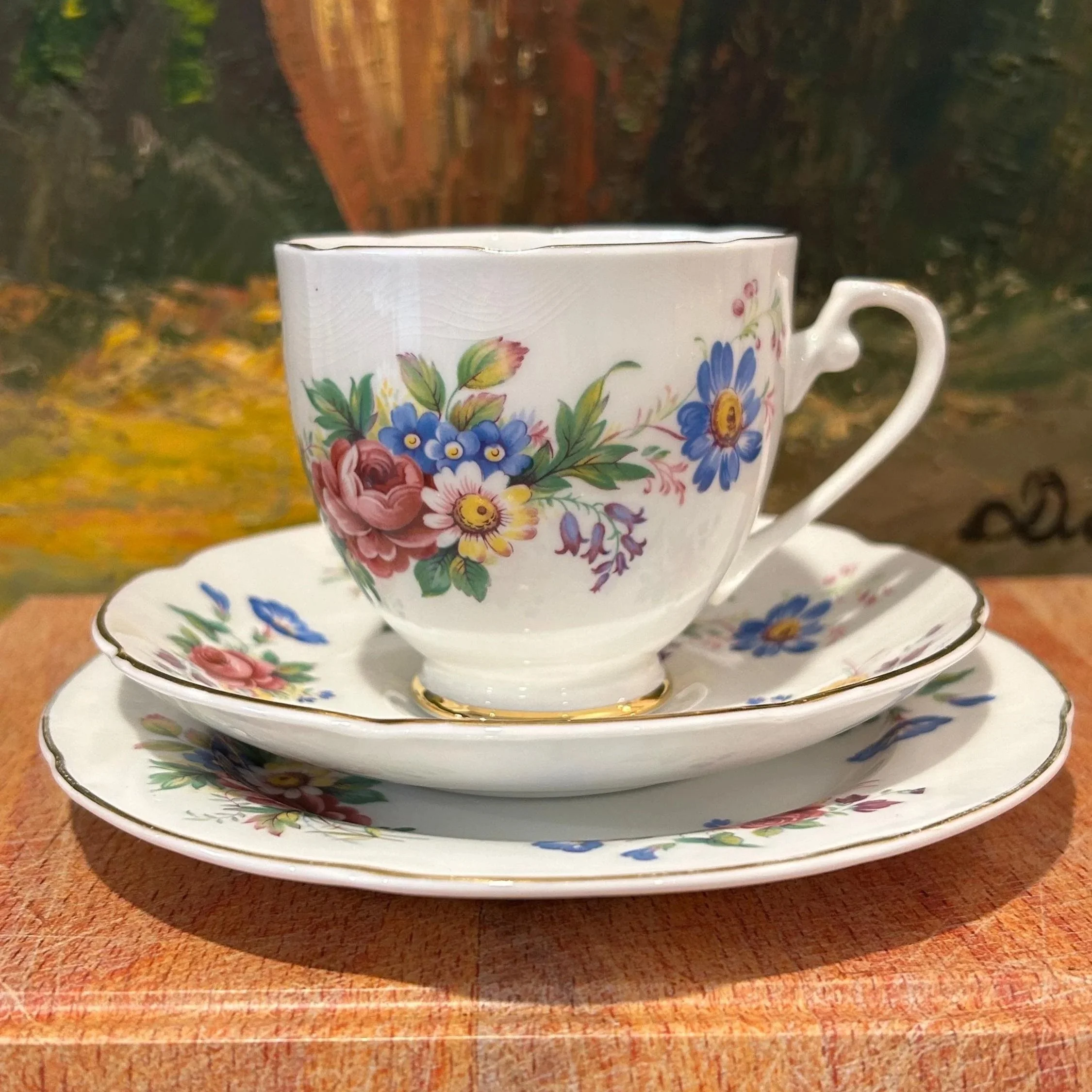 Full view of the Royal Grafton trio set – teacup, saucer, and plate stacked neatly