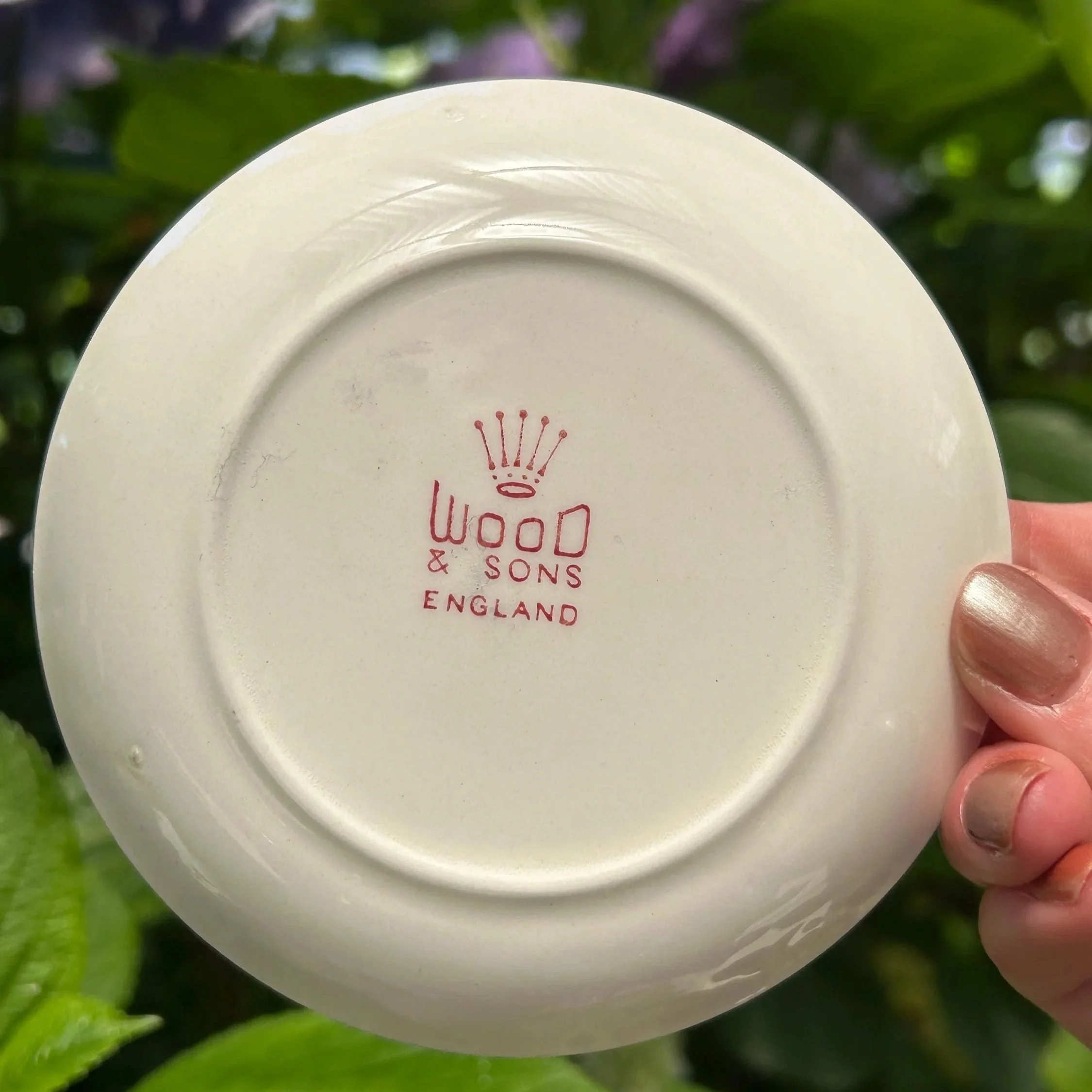 Base of dish showing red “Wood & Sons England” crown backstamp