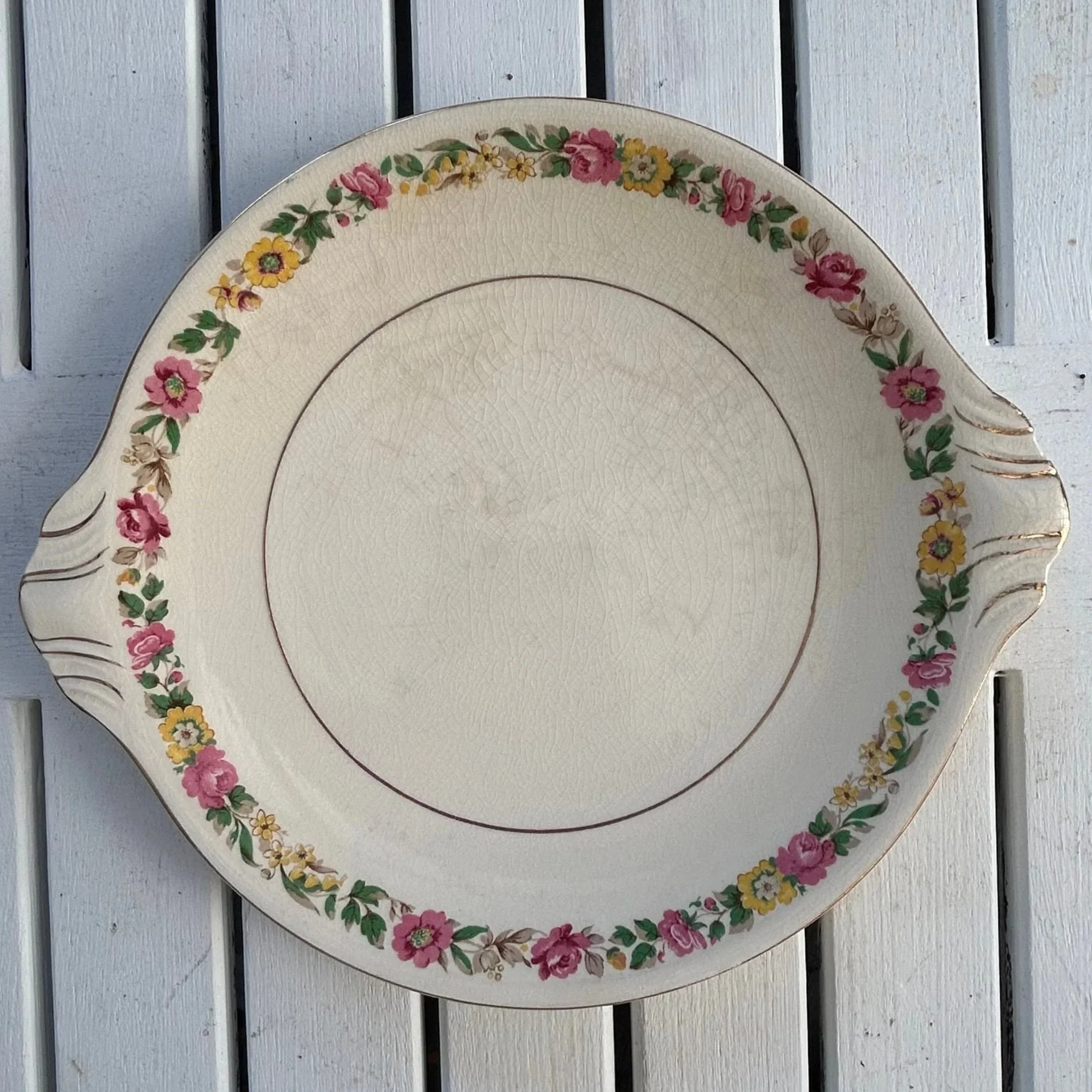 Full top-down view of J&G Meakin handled plate with floral border