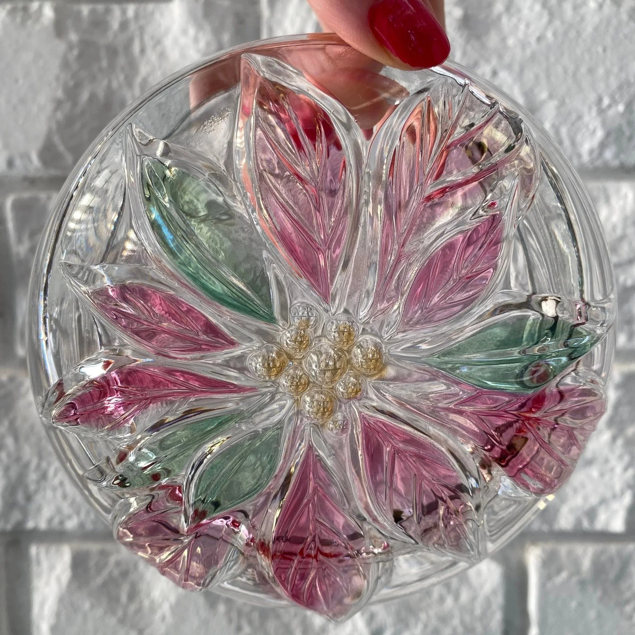 Close-up of poinsettia dish showing raised textured petals.