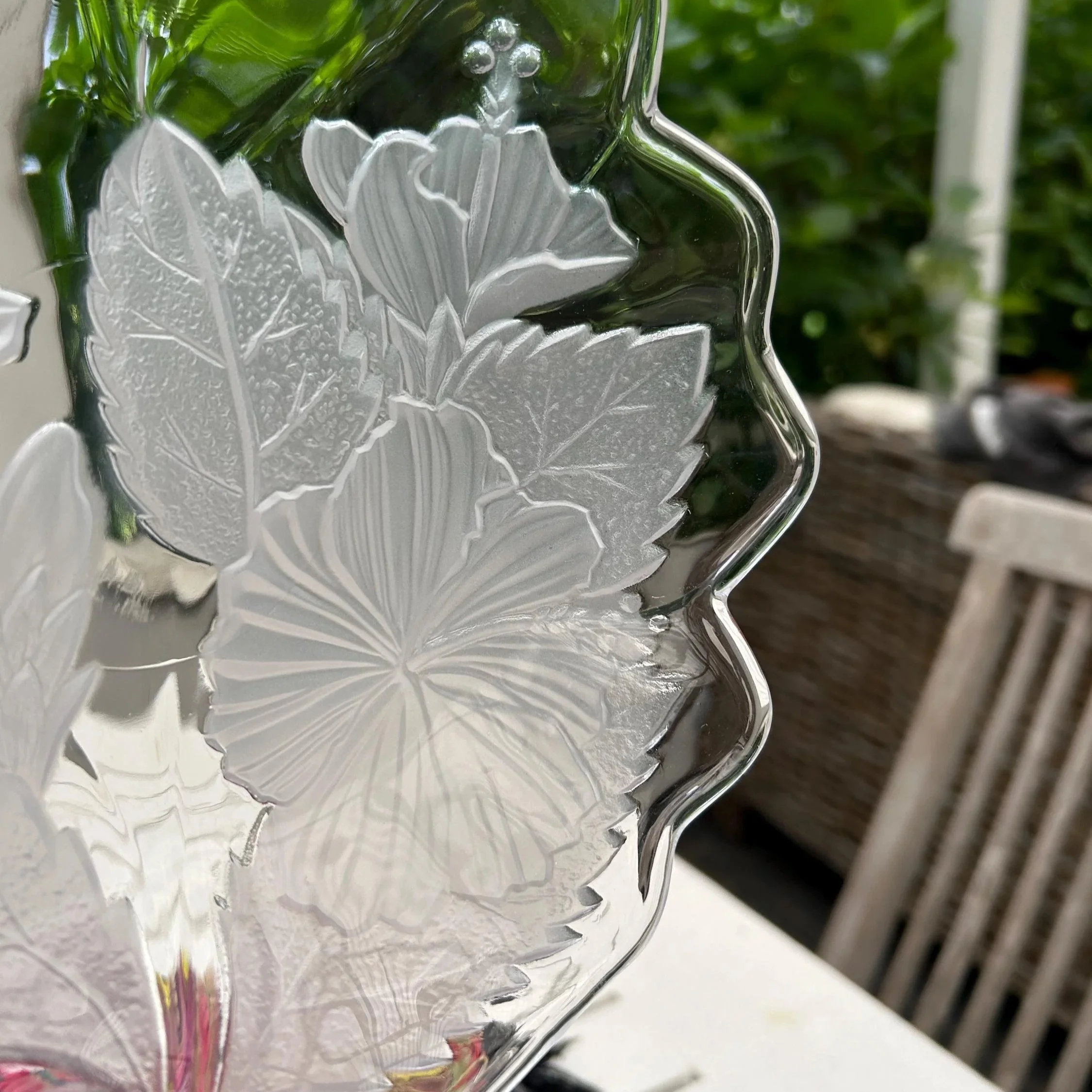 Detailed view of frosted hibiscus leaves on etched glass surface.