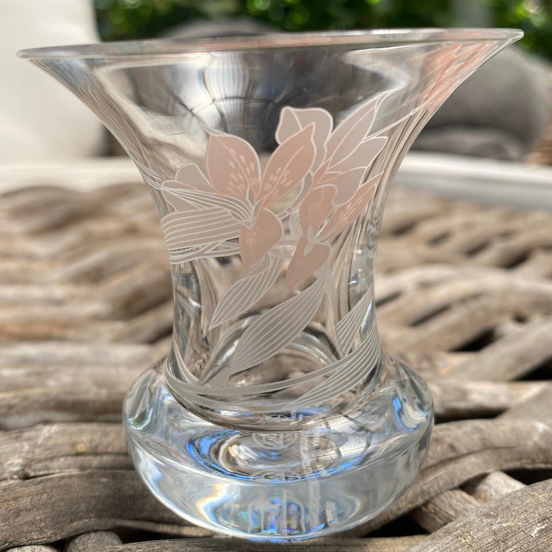 ull view of flared crystal vase with frosted tiger lily design