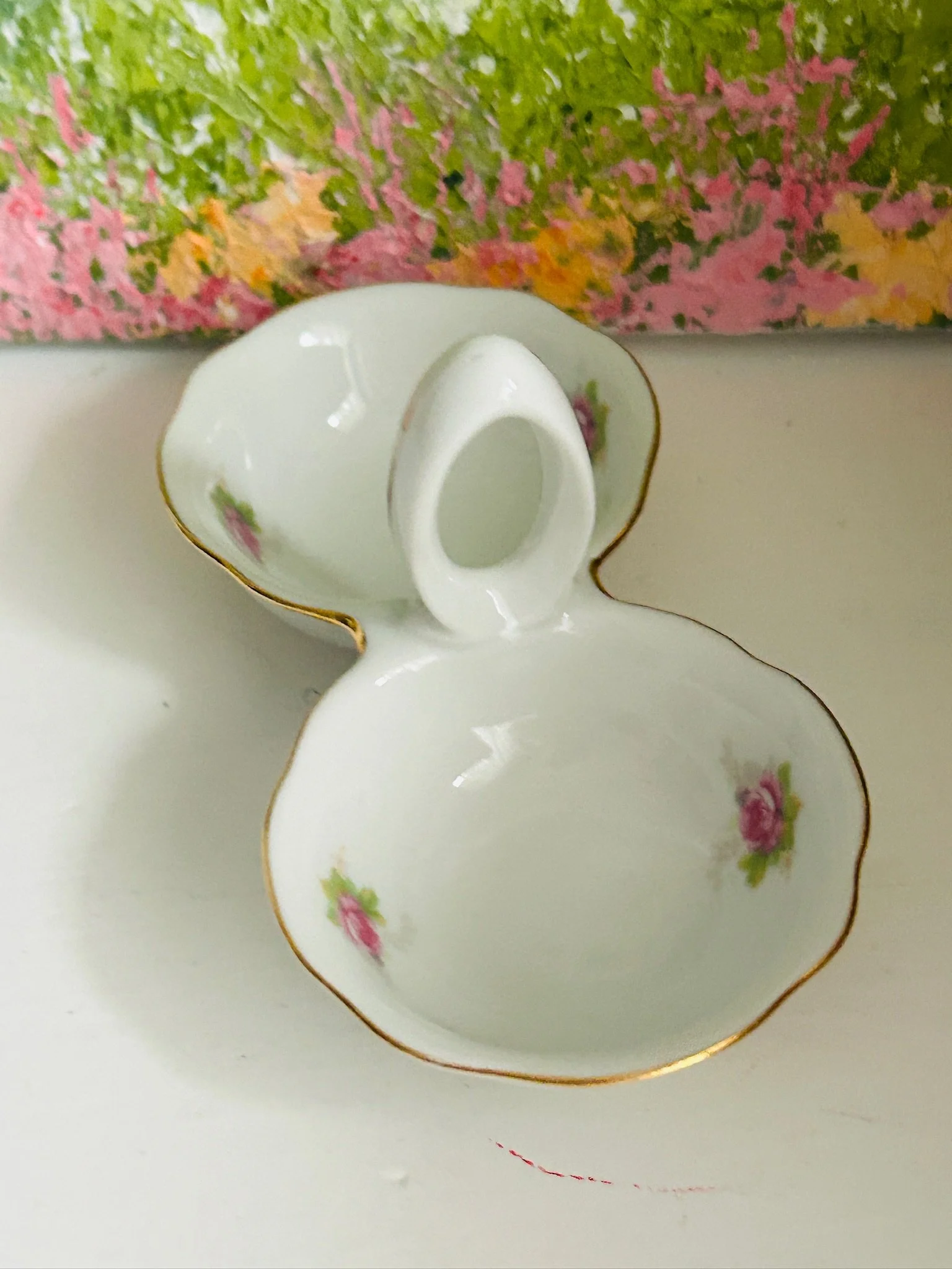 Three-quarter view of the full double salt cellar on display