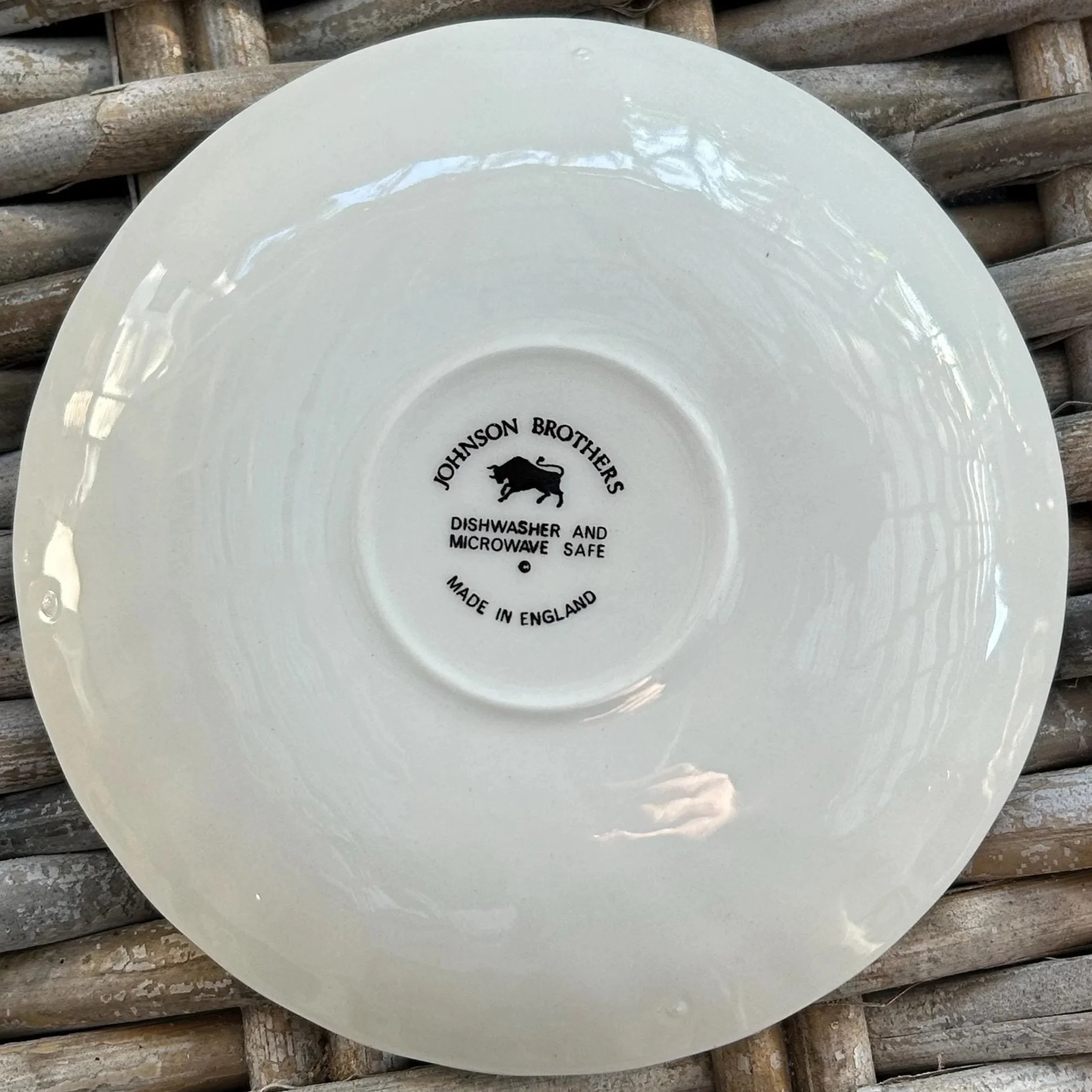 Backstamp of Johnson Brothers ‘Melody’ saucer showing logo and maker mark