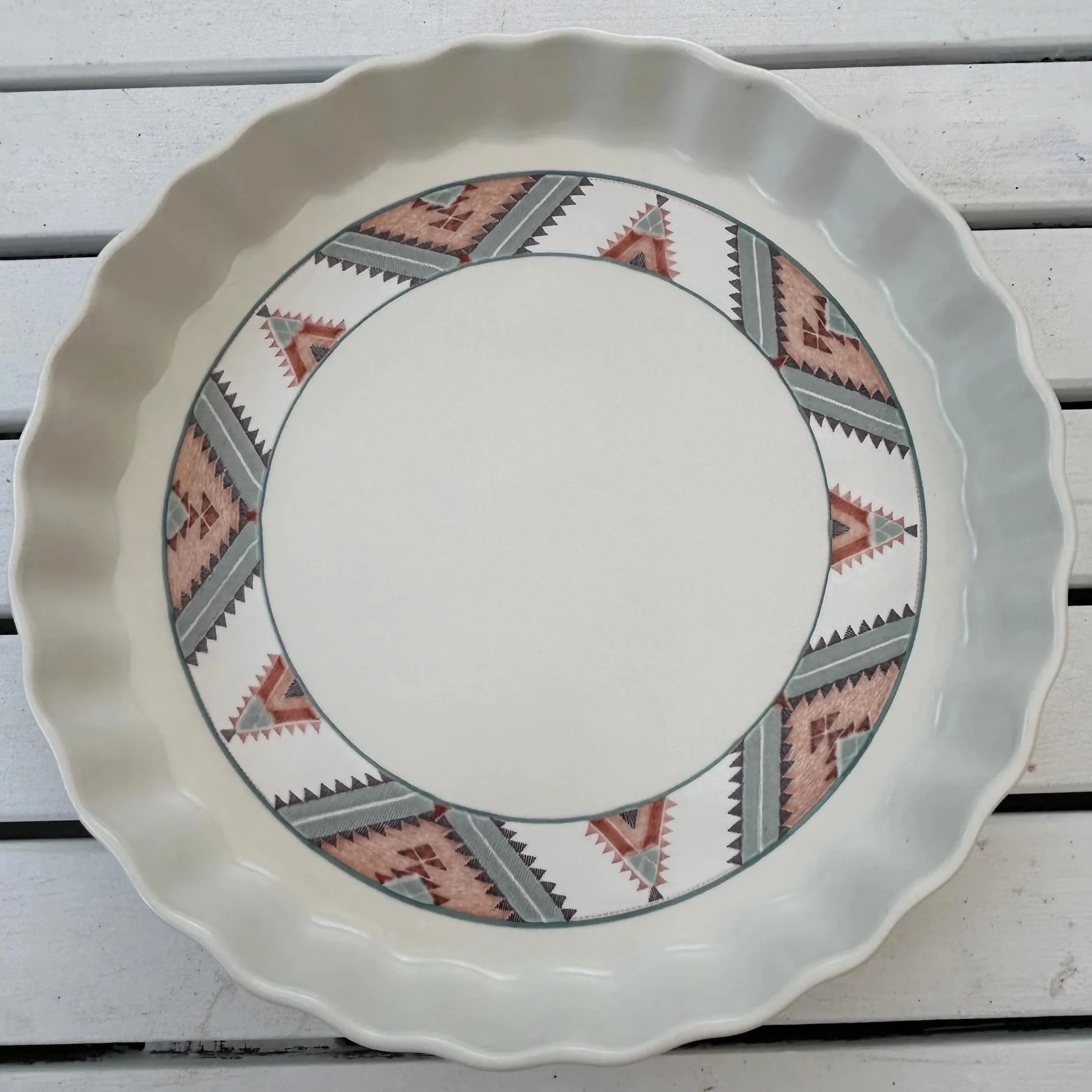 Full view of Mikasa Santa Fe pie dish on white table – showing geometric Aztec rim