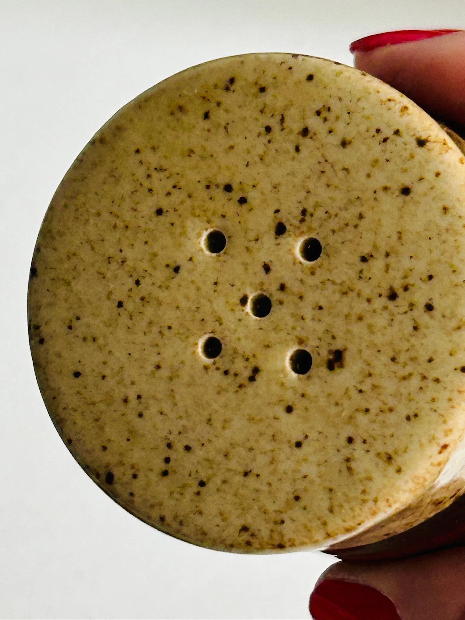 Top view of the second shaker showing five dispensing holes in the speckled cream ceramic lid.