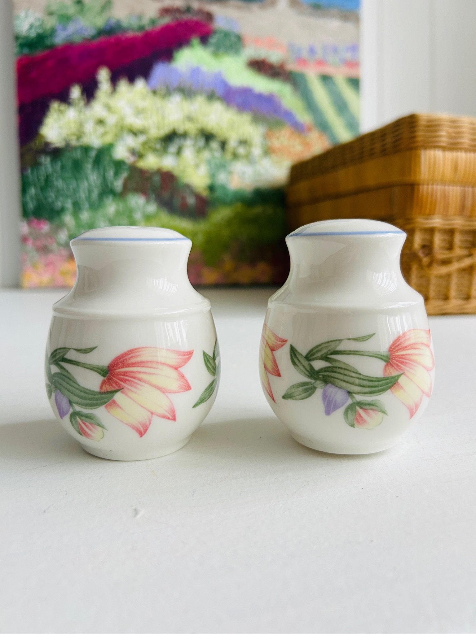Pair of Royal Doulton Blooms salt and pepper shakers standing side by side, showing the pastel floral design on glossy white fine china