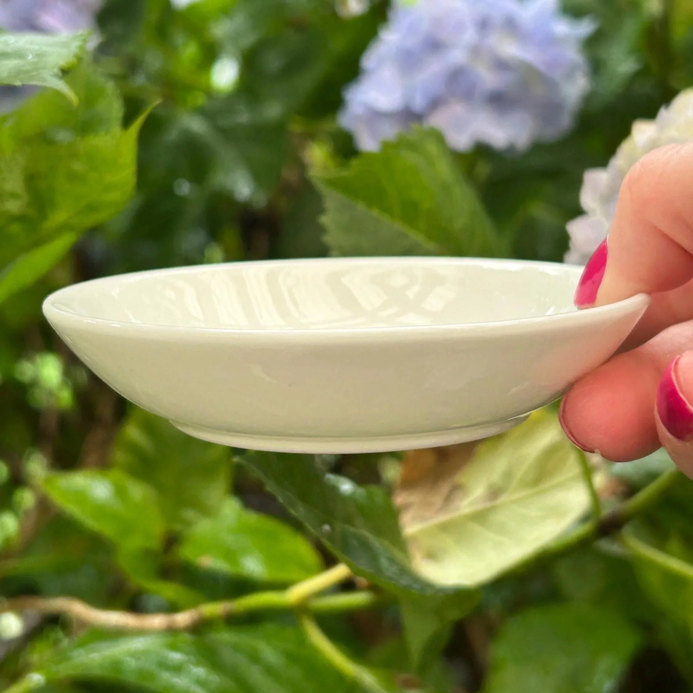 Side profile of the shallow bone china trinket dish showing its delicate shape and depth