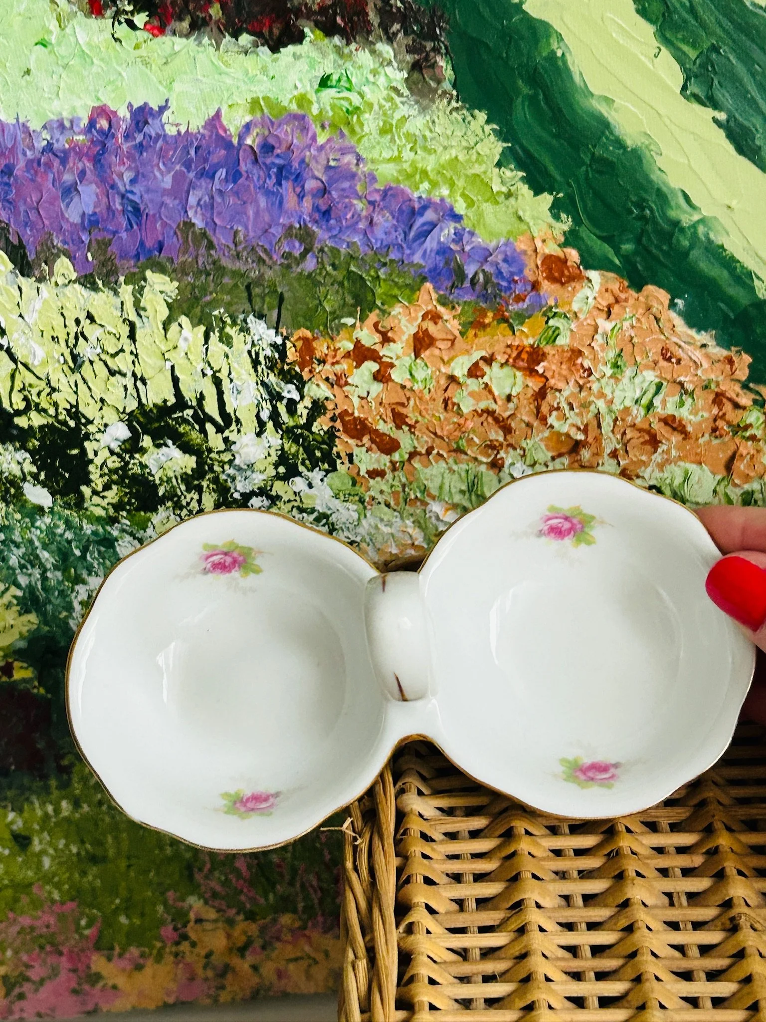Overhead view of the full double salt cellar highlighting the divided shape and central handle