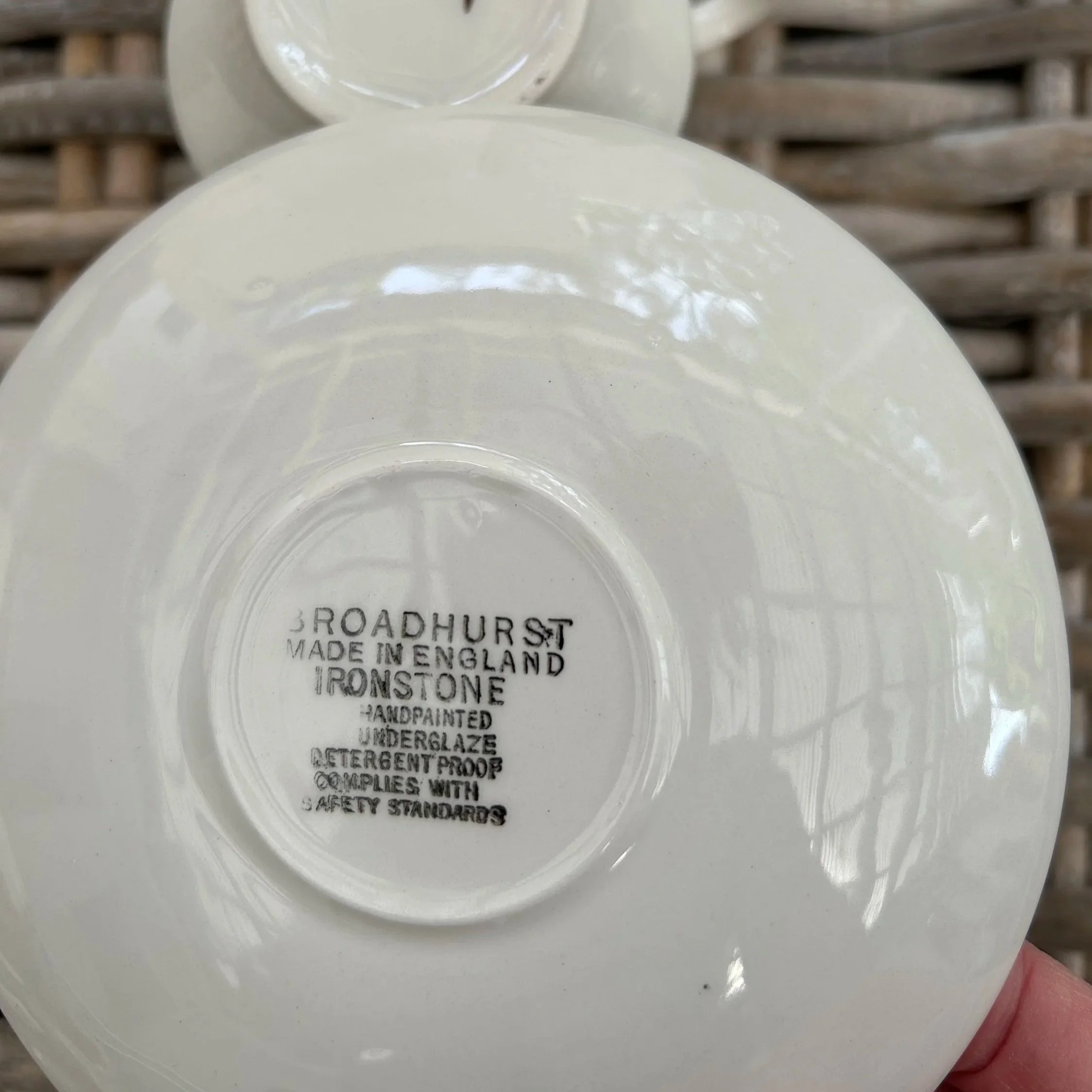 Underside of saucer showing "Broadhurst Made in England Ironstone" stamp