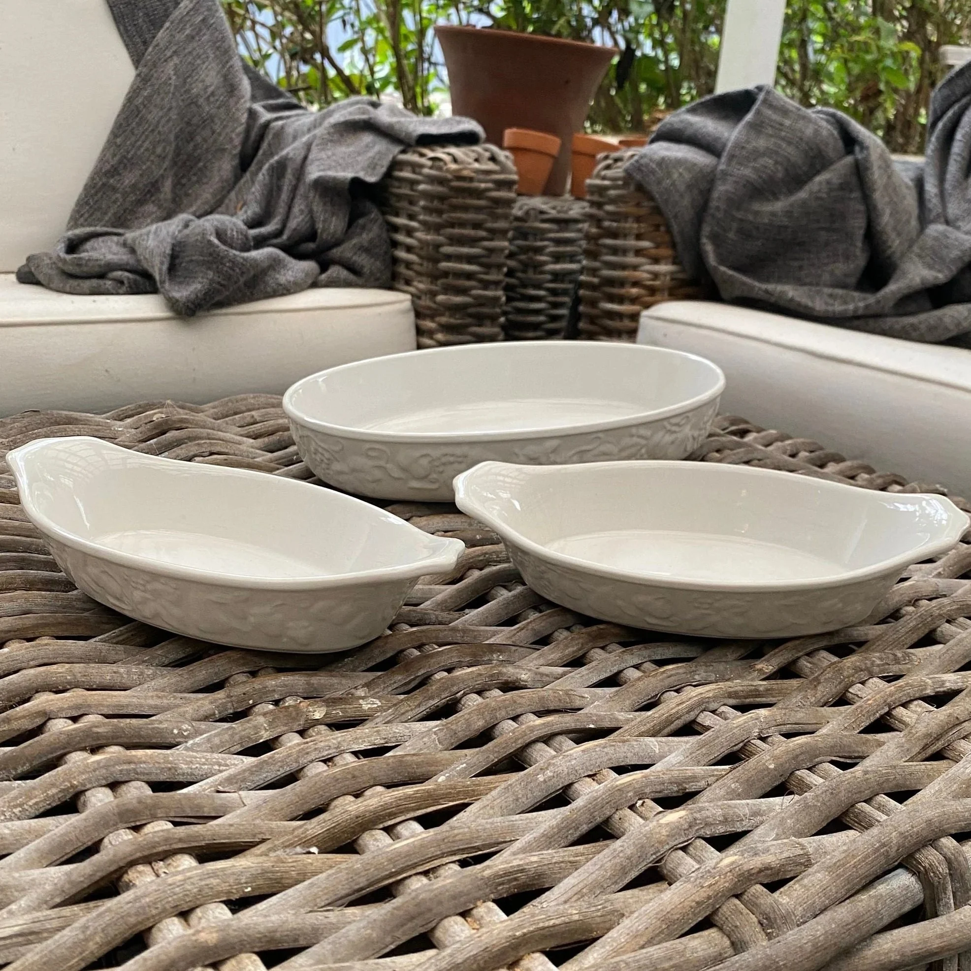 Two matching gratin dishes arranged side by side