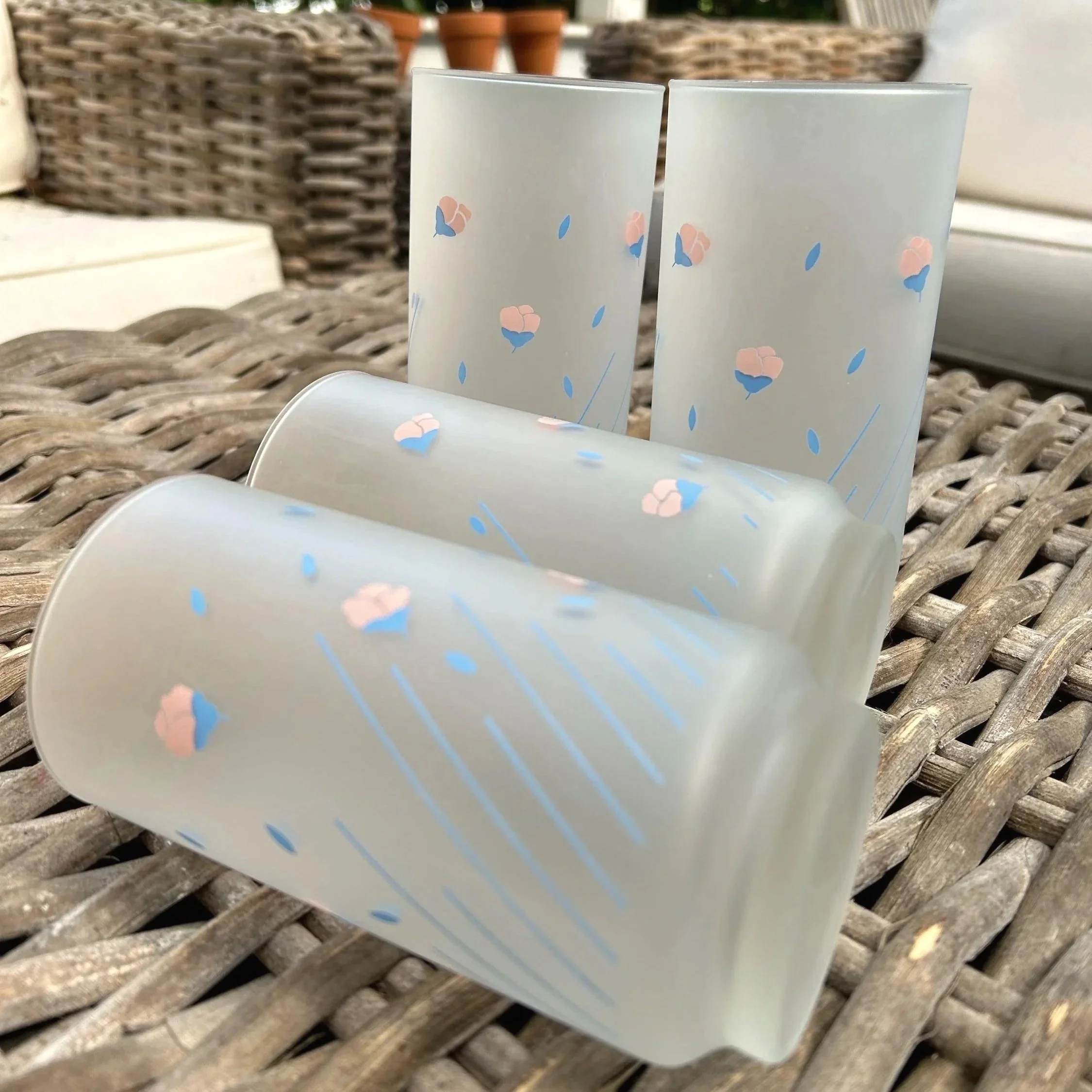 Floral Frosted Glasses | Set of 4 | Pink & Blue Petal Design | Vintage 1980s Retro Kitchenware