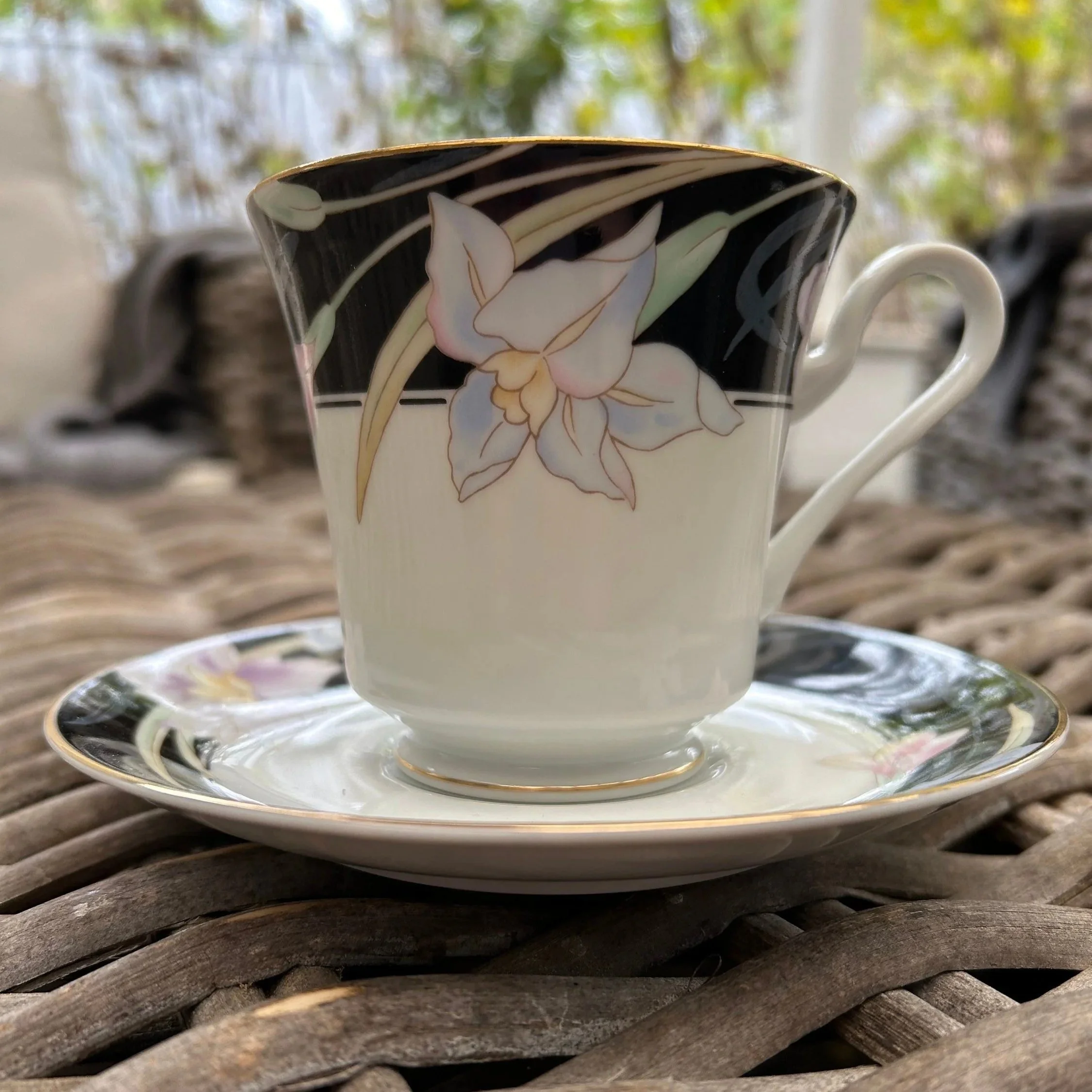 Full view of Mikasa Charisma Black tea cup and saucer on wicker background