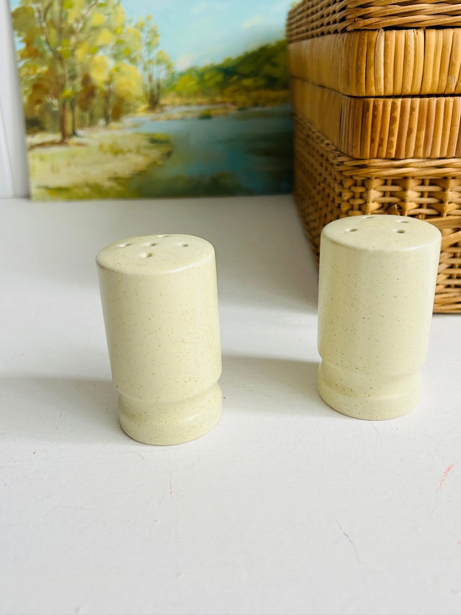 Distant front view of both shakers on a white surface beside a wicker basket