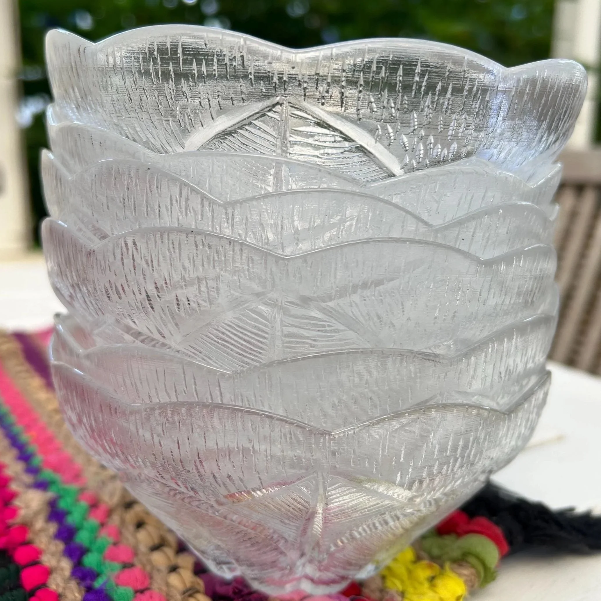 Stacked set of six Violetta crystal bowls showing how neatly they nest together for display or storage