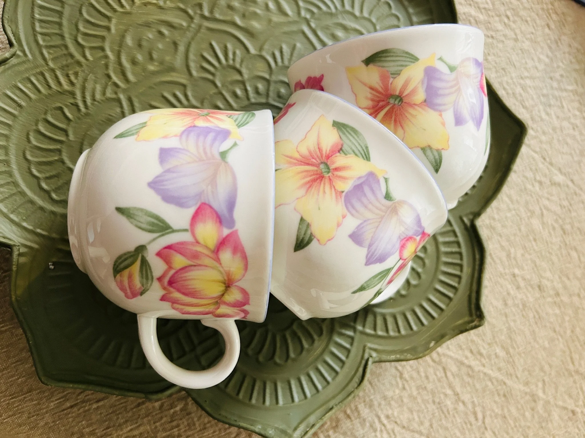 Royal Doulton “Blooms” Tea/Coffee Cups | Set of 3 | 1991 Expressions Collection | Purple, Pink & Yellow Floral Motif