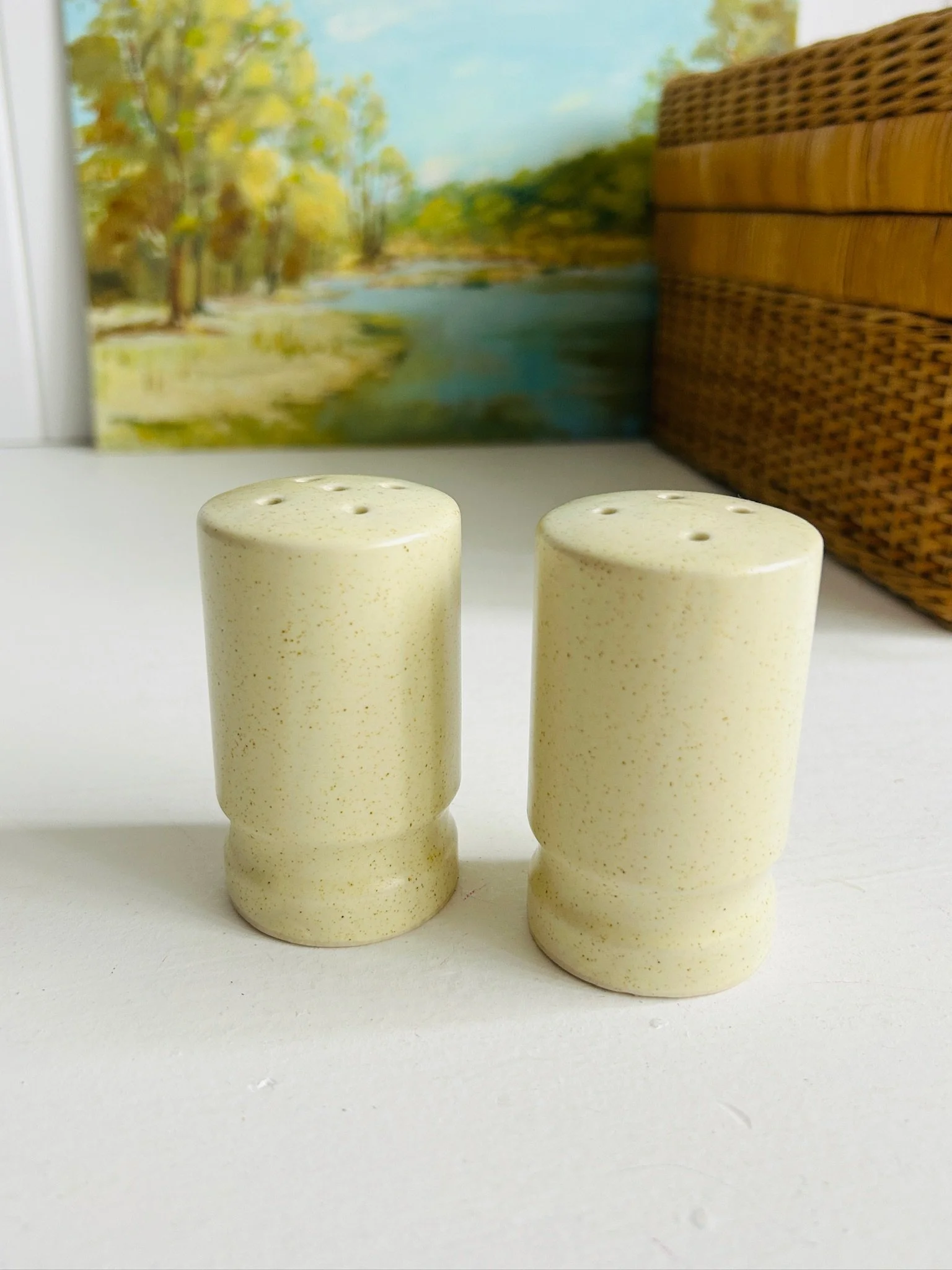 Front view of the matching shakers on a white surface with landscape artwork in the background