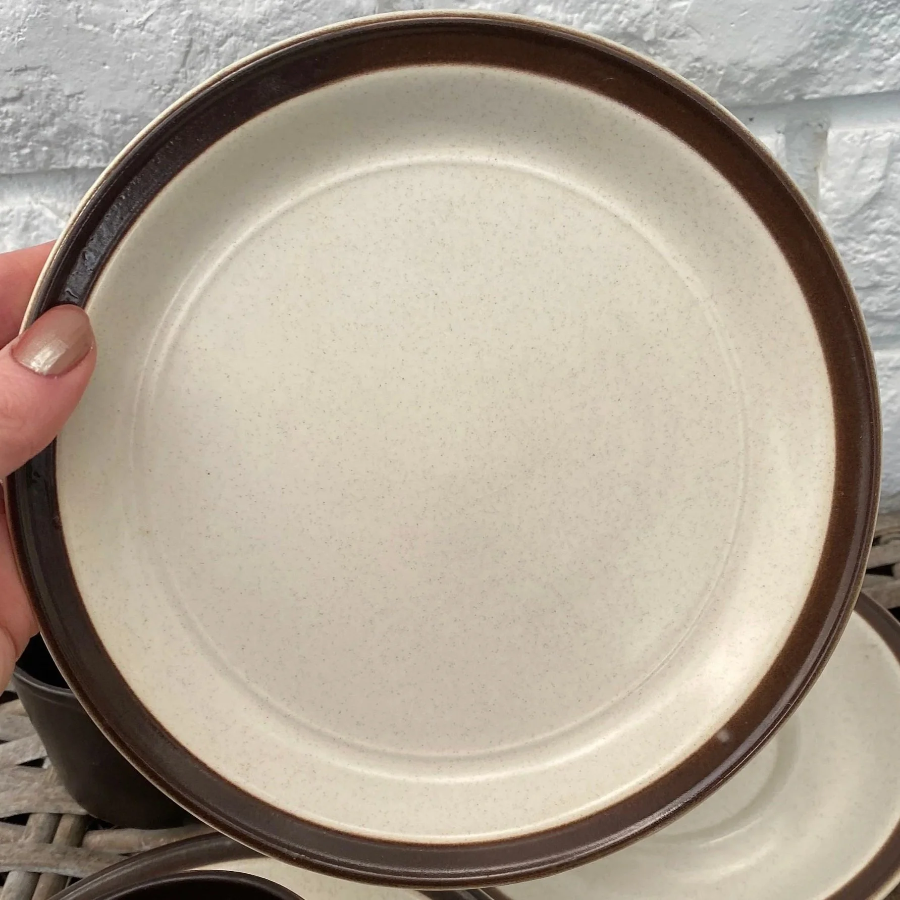 Sandwich plate front showing off-white speckle and brown rim