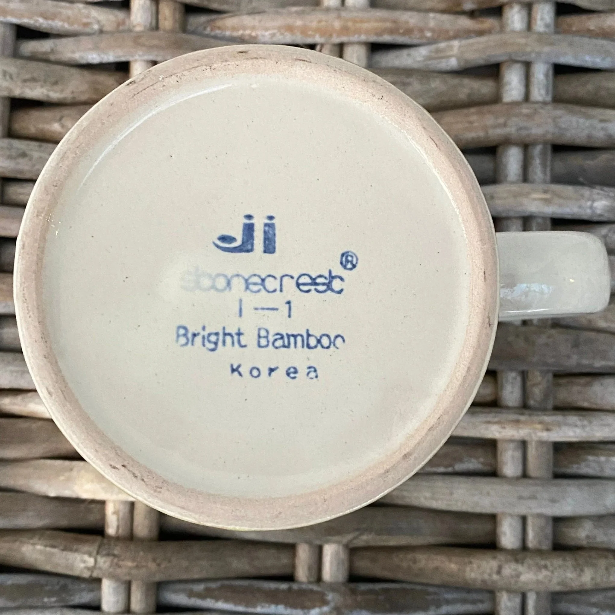 Underside of mug showing Stonecrest maker's mark and “Bright Bamboo – Korea”