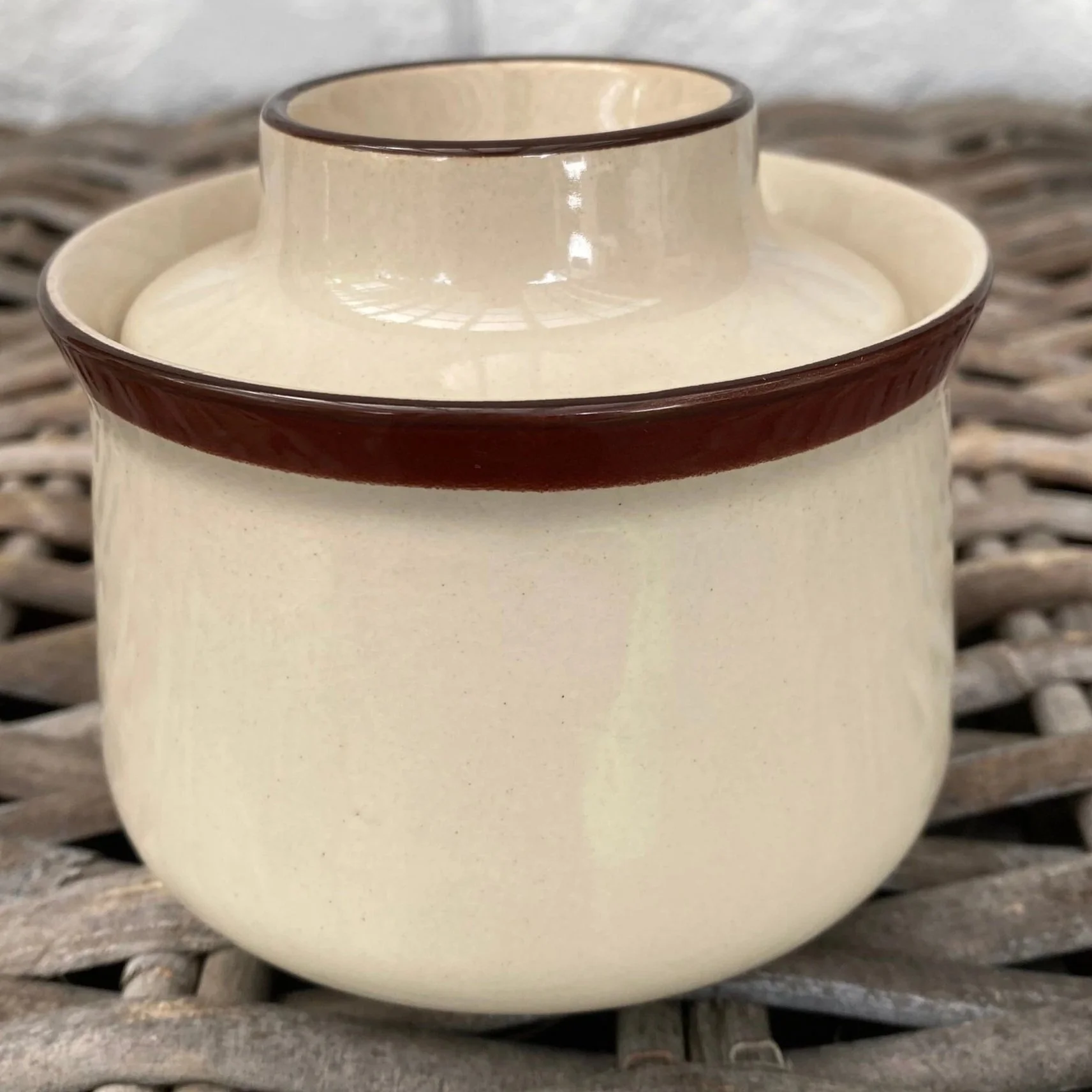 Front view of JI Stonecrest sugar bowl with lid in place