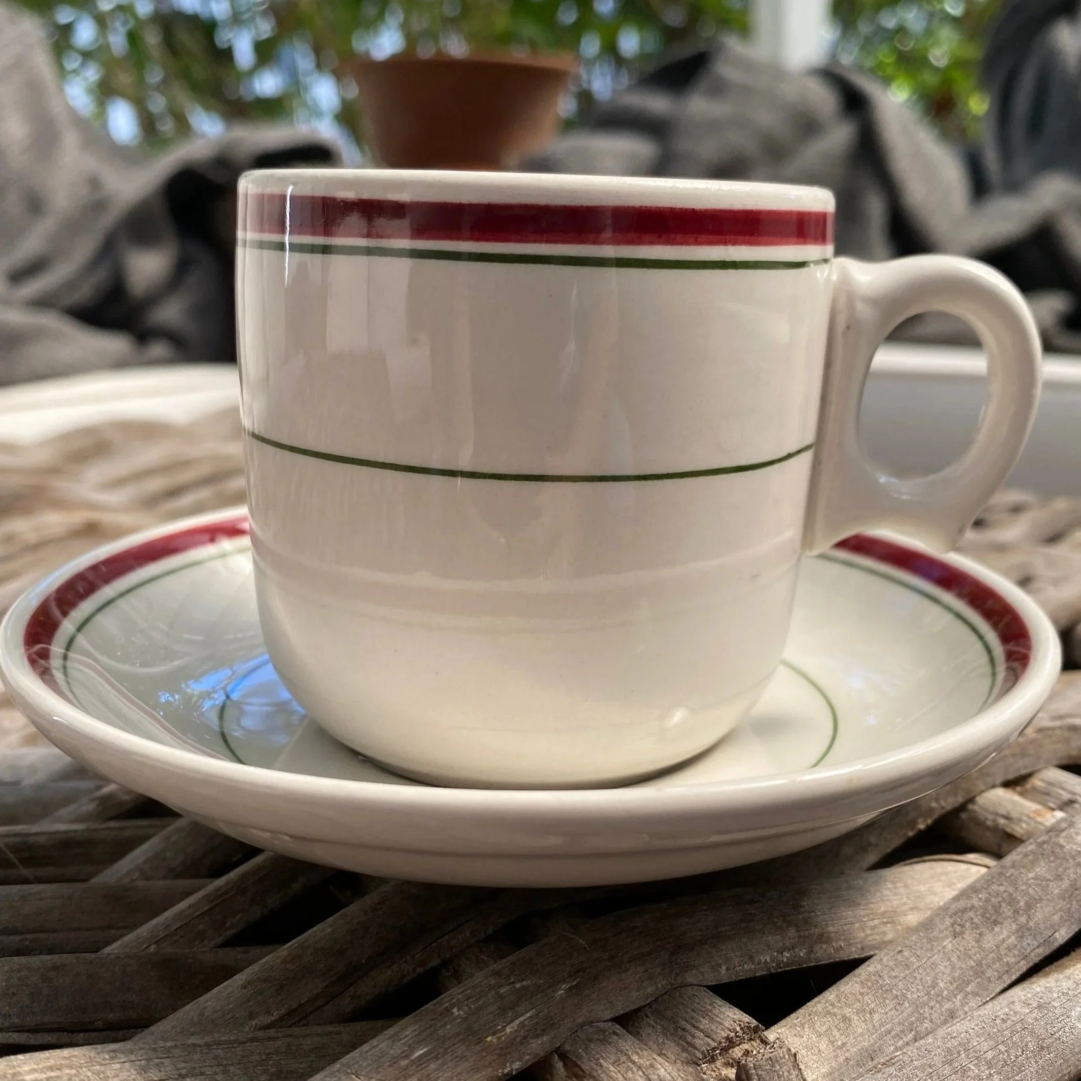 Full view of Grindley teacup on saucer with red and green stripes