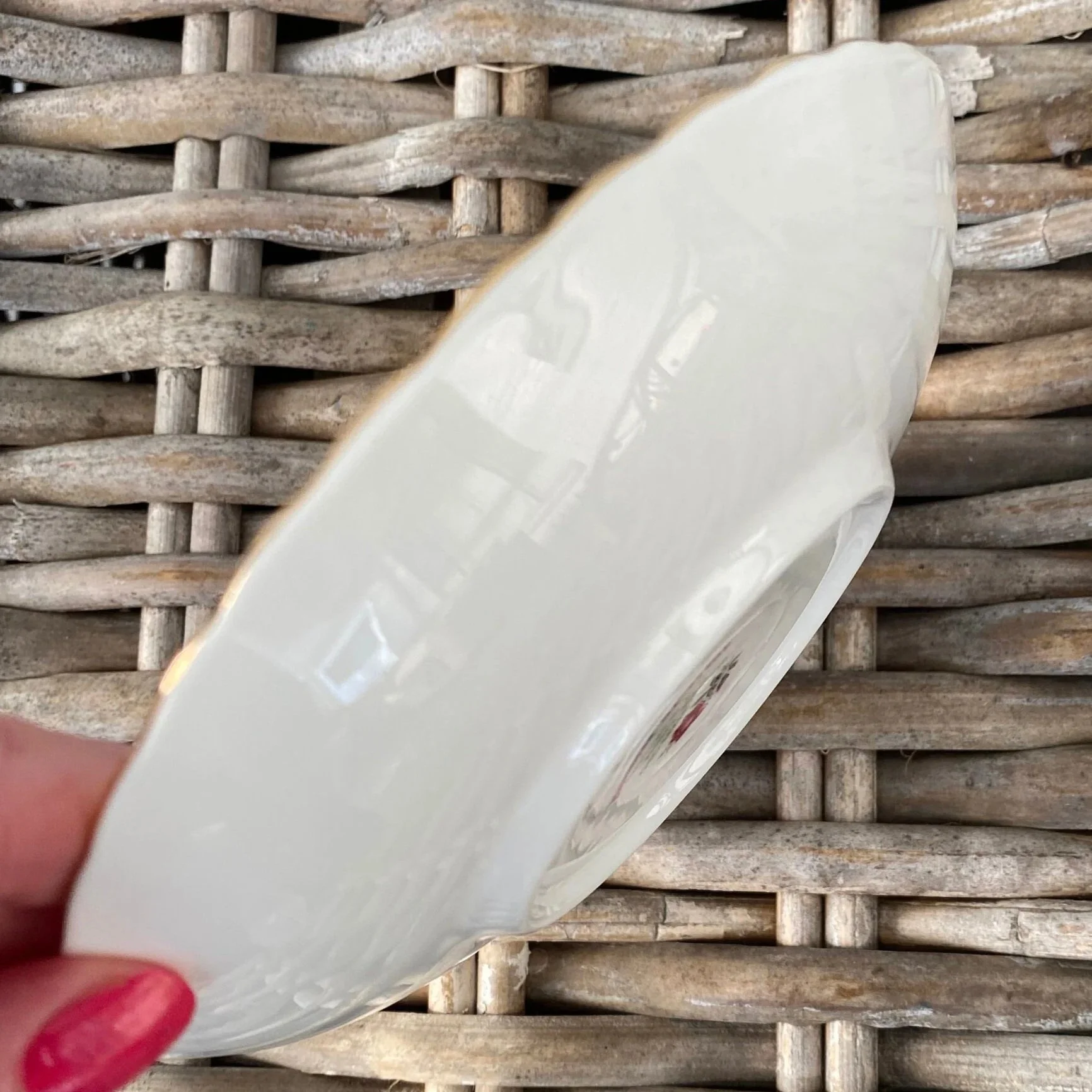 Side profile of saucer in hand showing gold-trimmed edge and depth