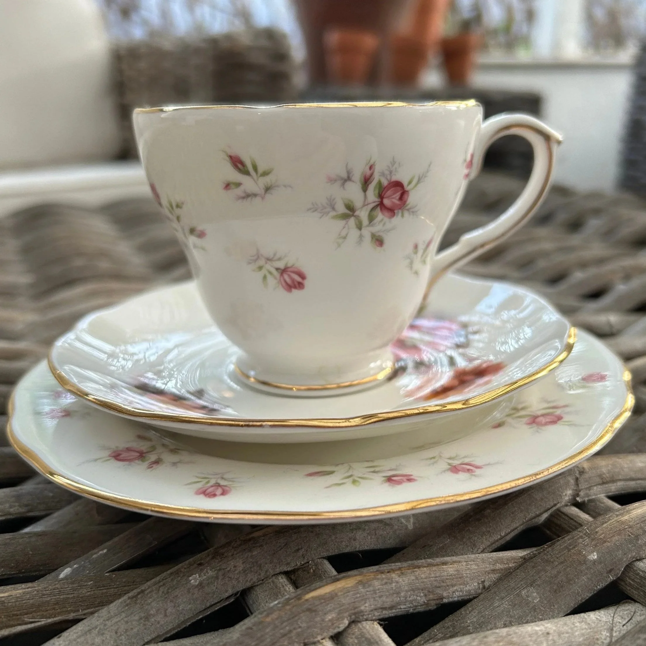 Full Duchess mixed trio set with floral cup, saucer, and plate