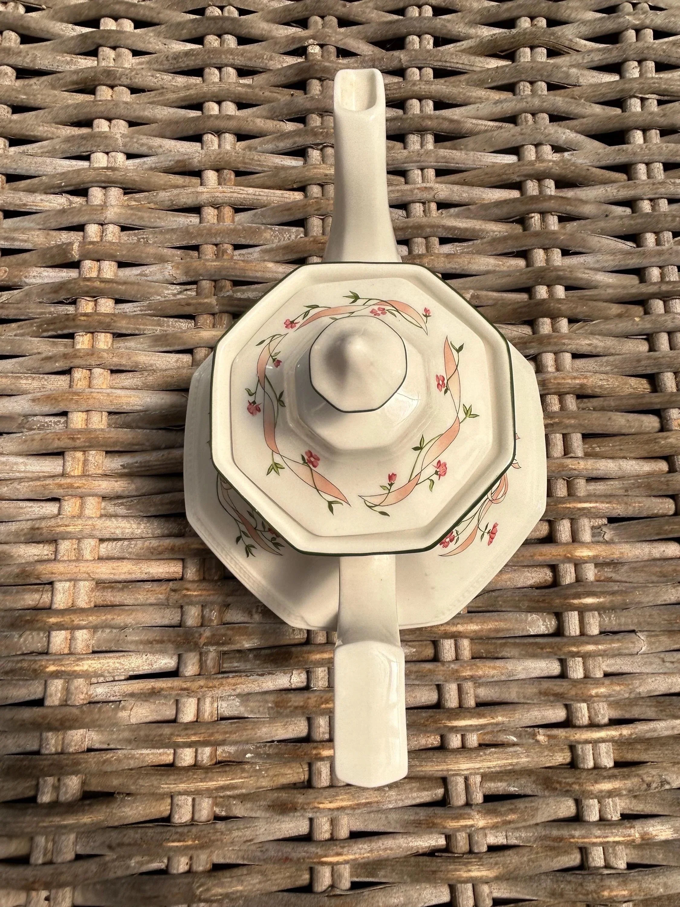 Overhead view with lid showing symmetrical floral placement