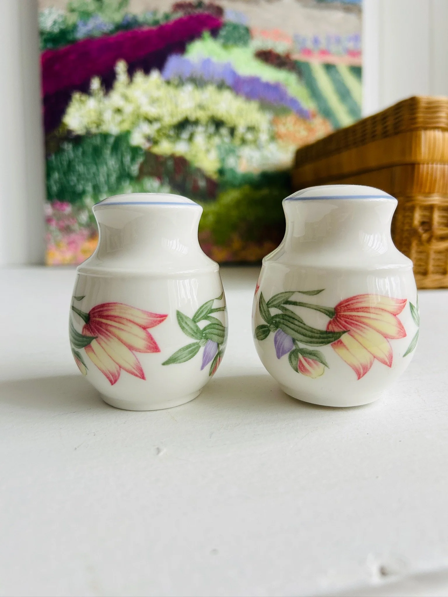 Pair of floral shakers standing upright against a colourful background, showing the front pattern clearly