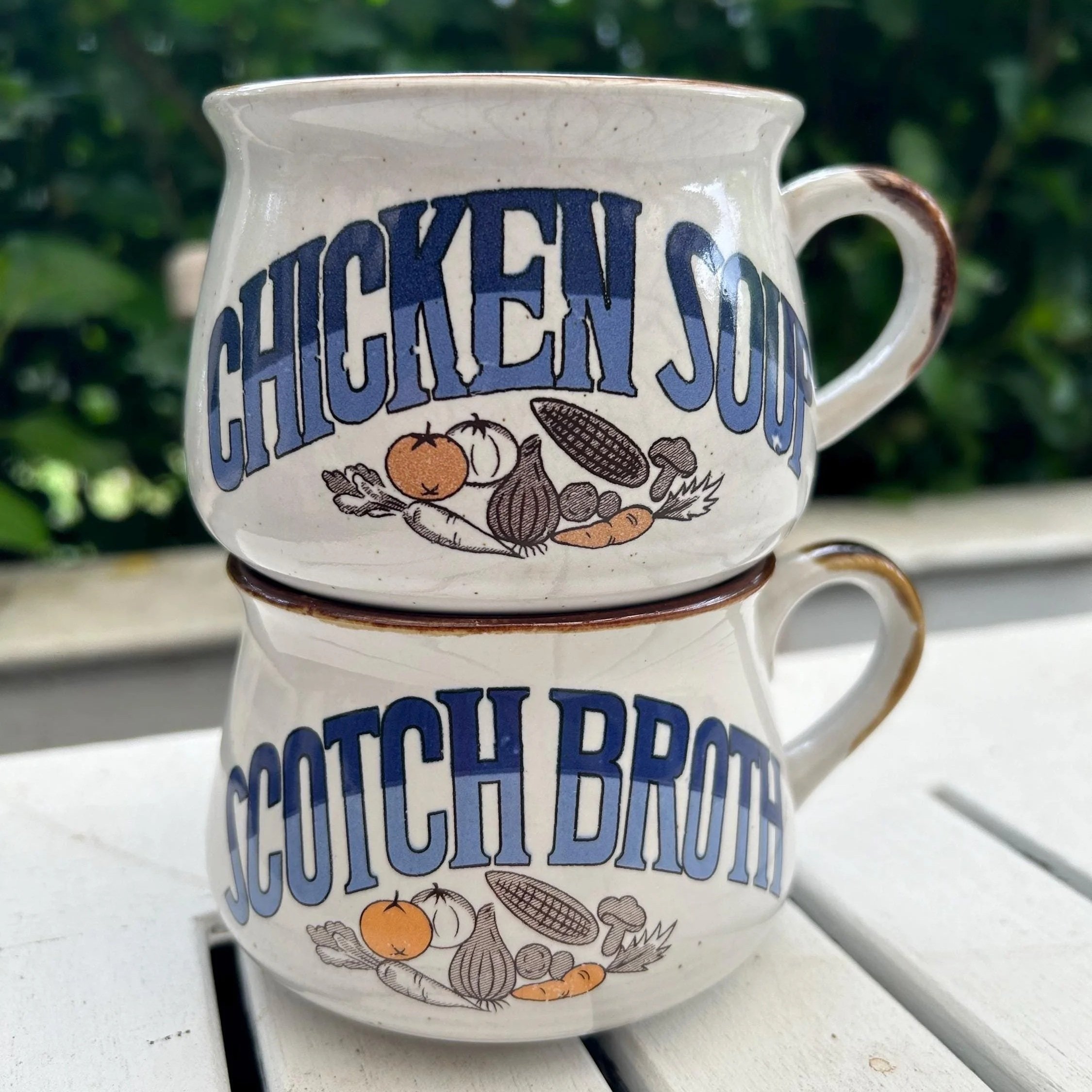 Stacked view of “Chicken Soup” and “Scotch Broth” retro mugs outdoors