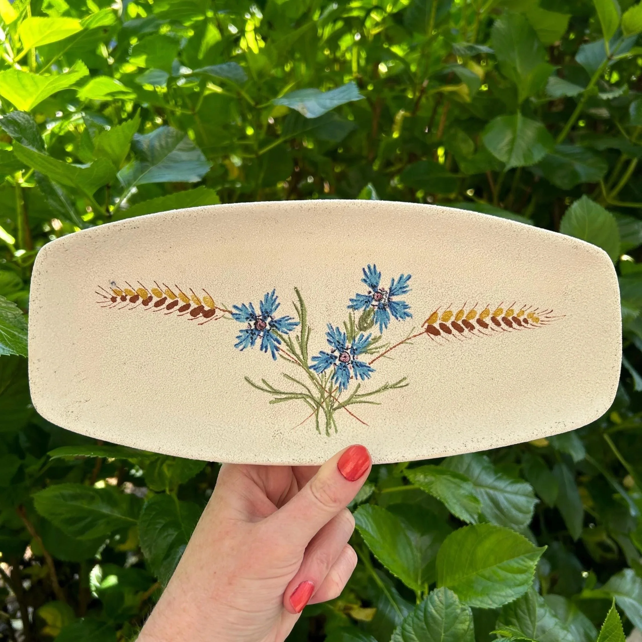 Decorative ceramic tray with hand-painted cornflower and wheat motif held outdoors
