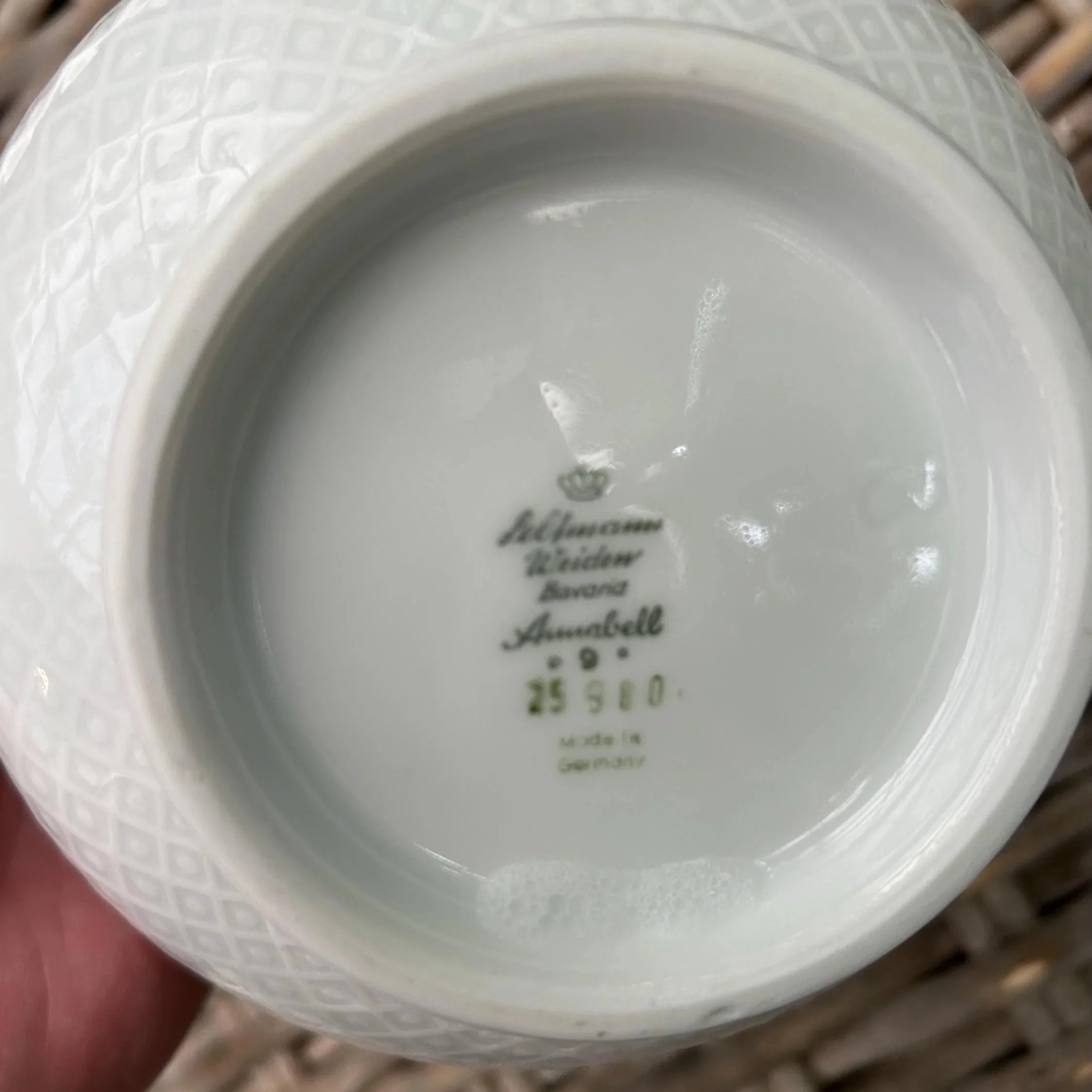 Underside showing maker’s mark, pattern name “Annabelle” and number 25980