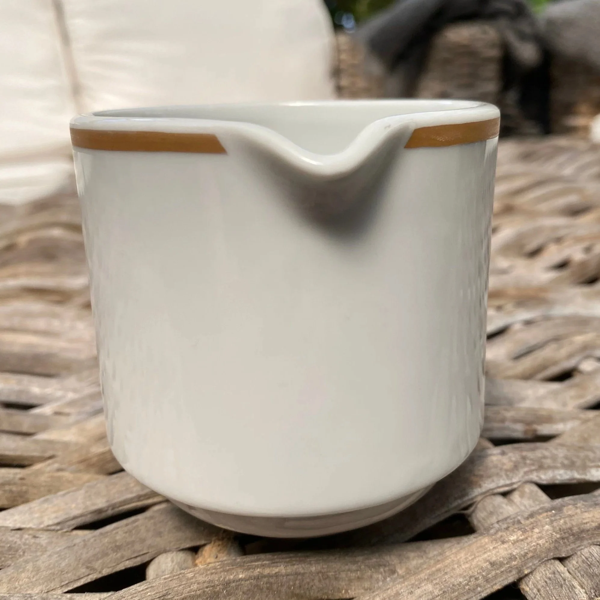 Side profile showing curved pour spout and golden trim