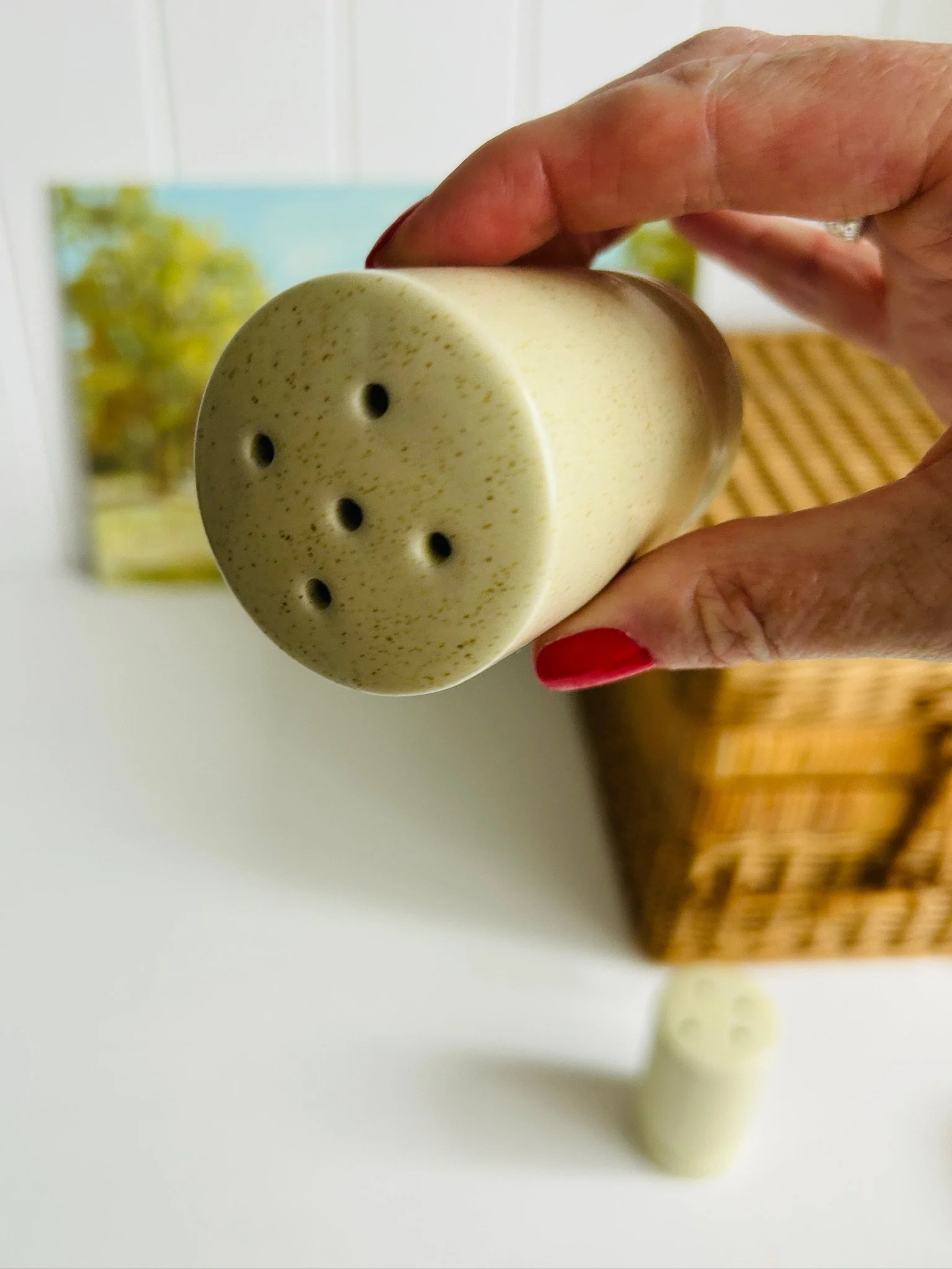 Close-up of the matching shaker held horizontally, showing the four-hole top used to distinguish salt from pepper