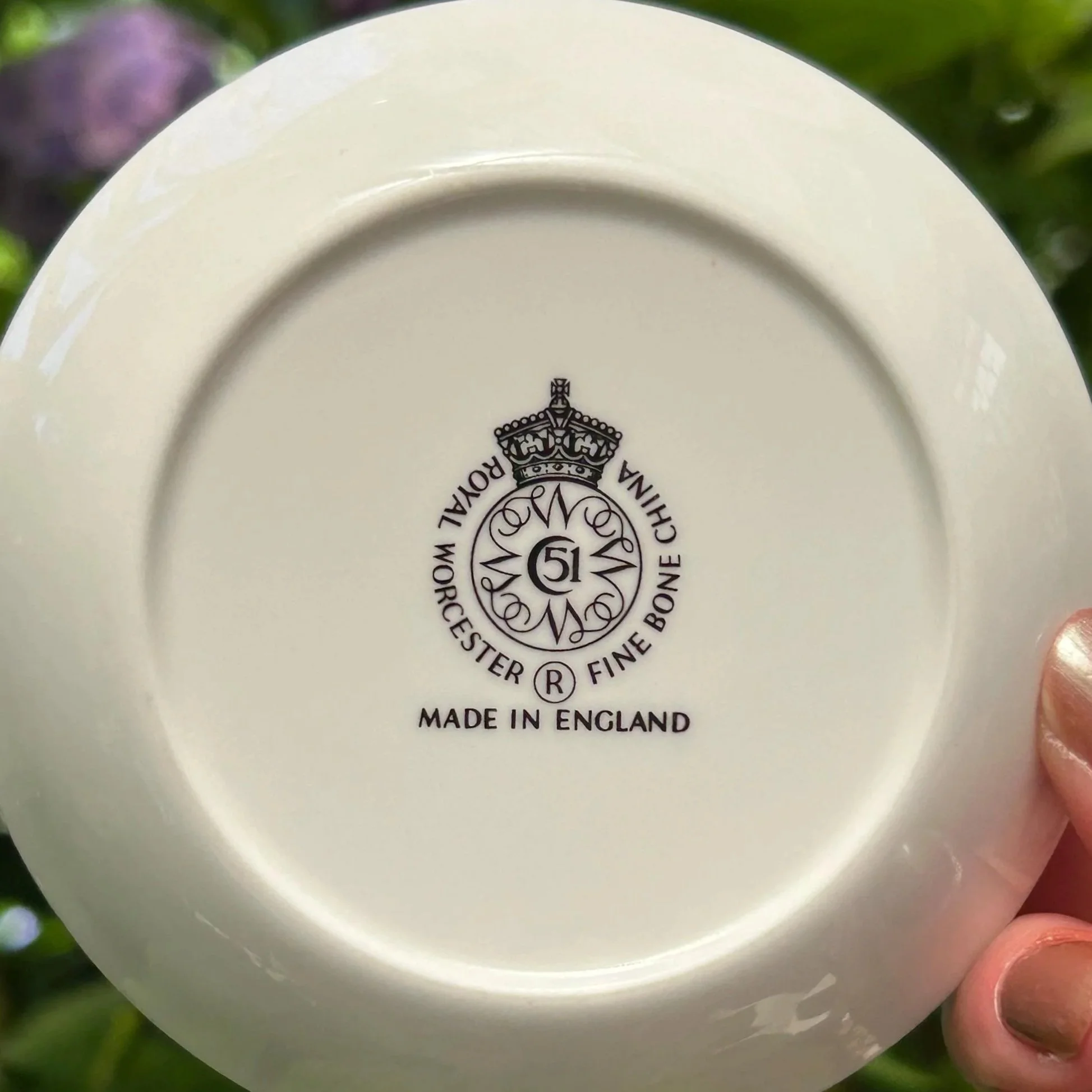 Underside of dish showing Royal Worcester backstamp and Made in England mark