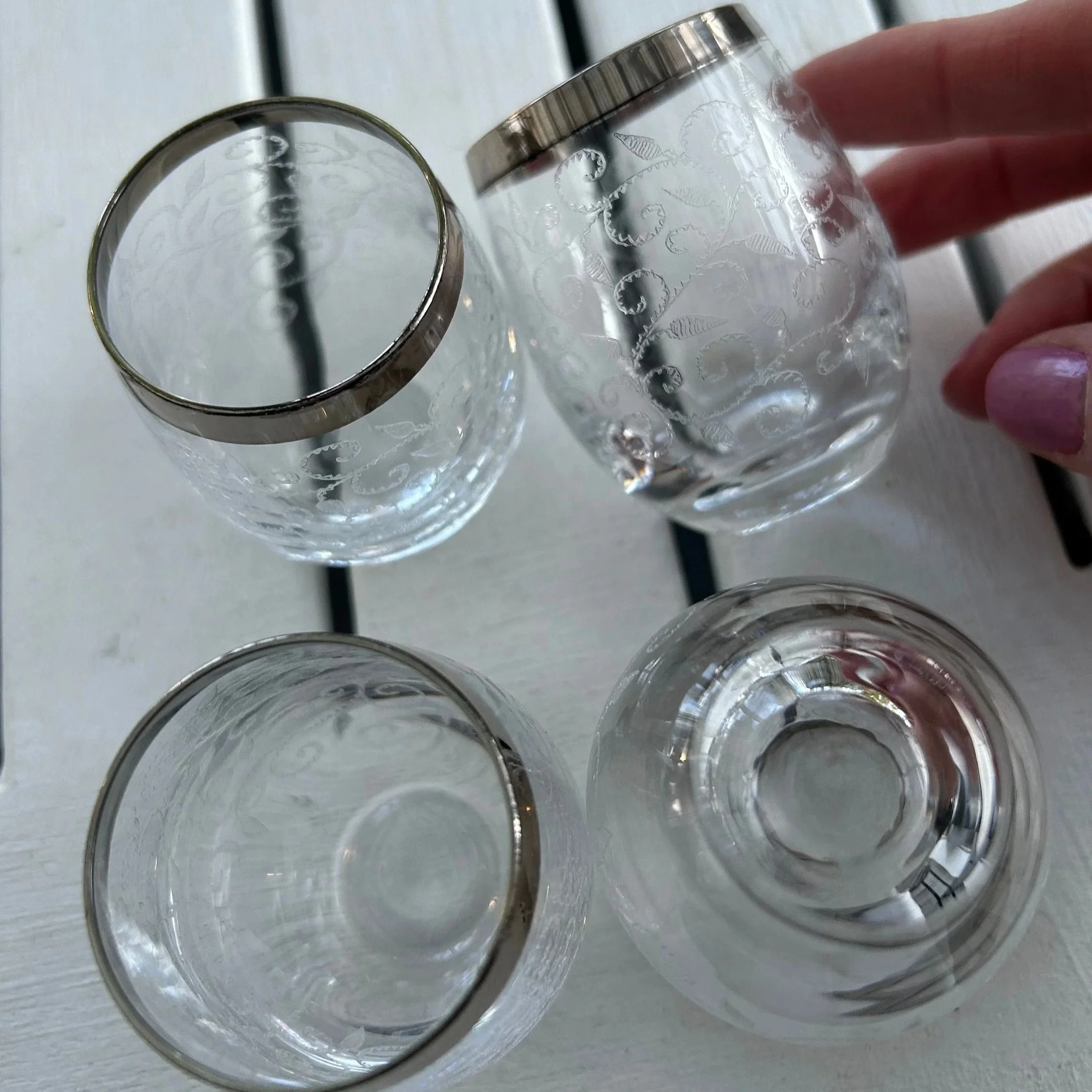 Silver-Rimmed Etched Shot Glasses | Set of 4 | Elegant Floral Design Barware