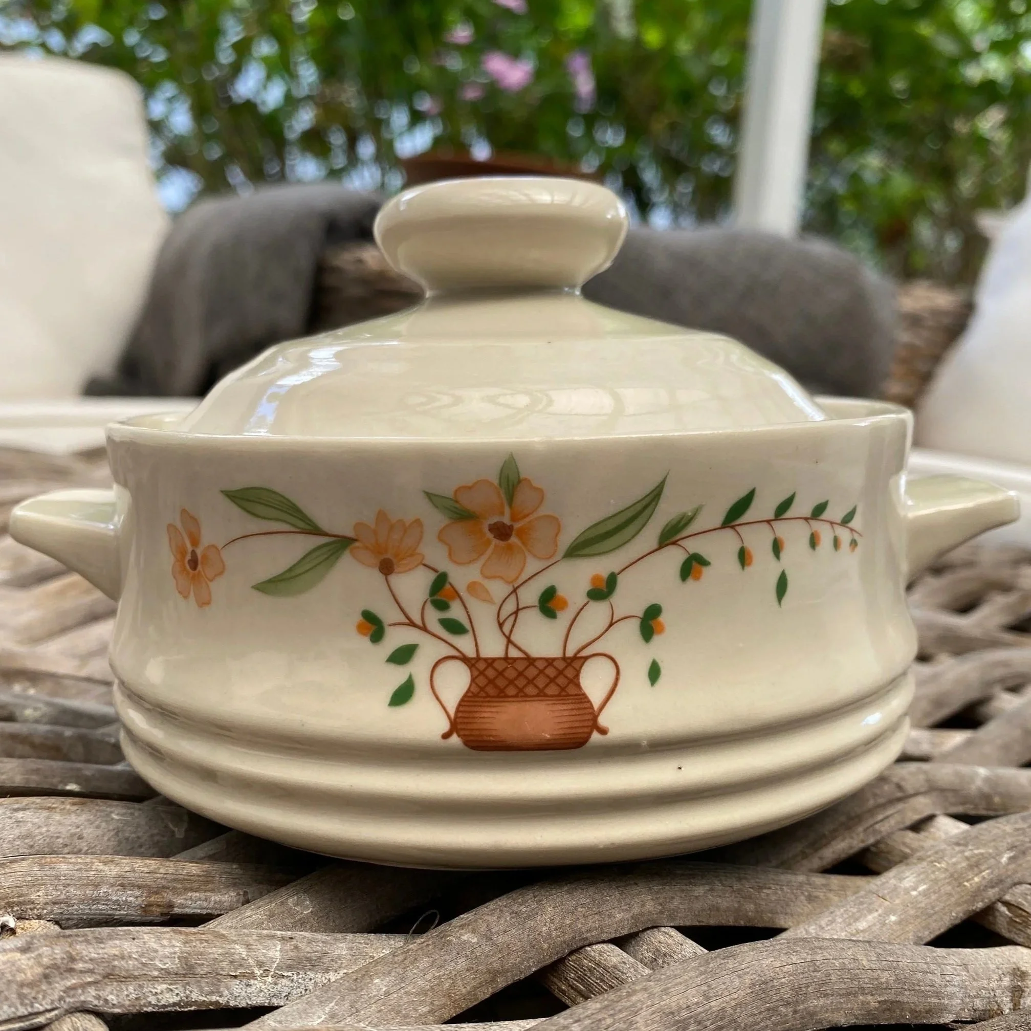 Vintage 1980s Countryside Stoneware lidded casserole pot from Japan. Floral basket design. Oven, microwave & dishwasher safe.