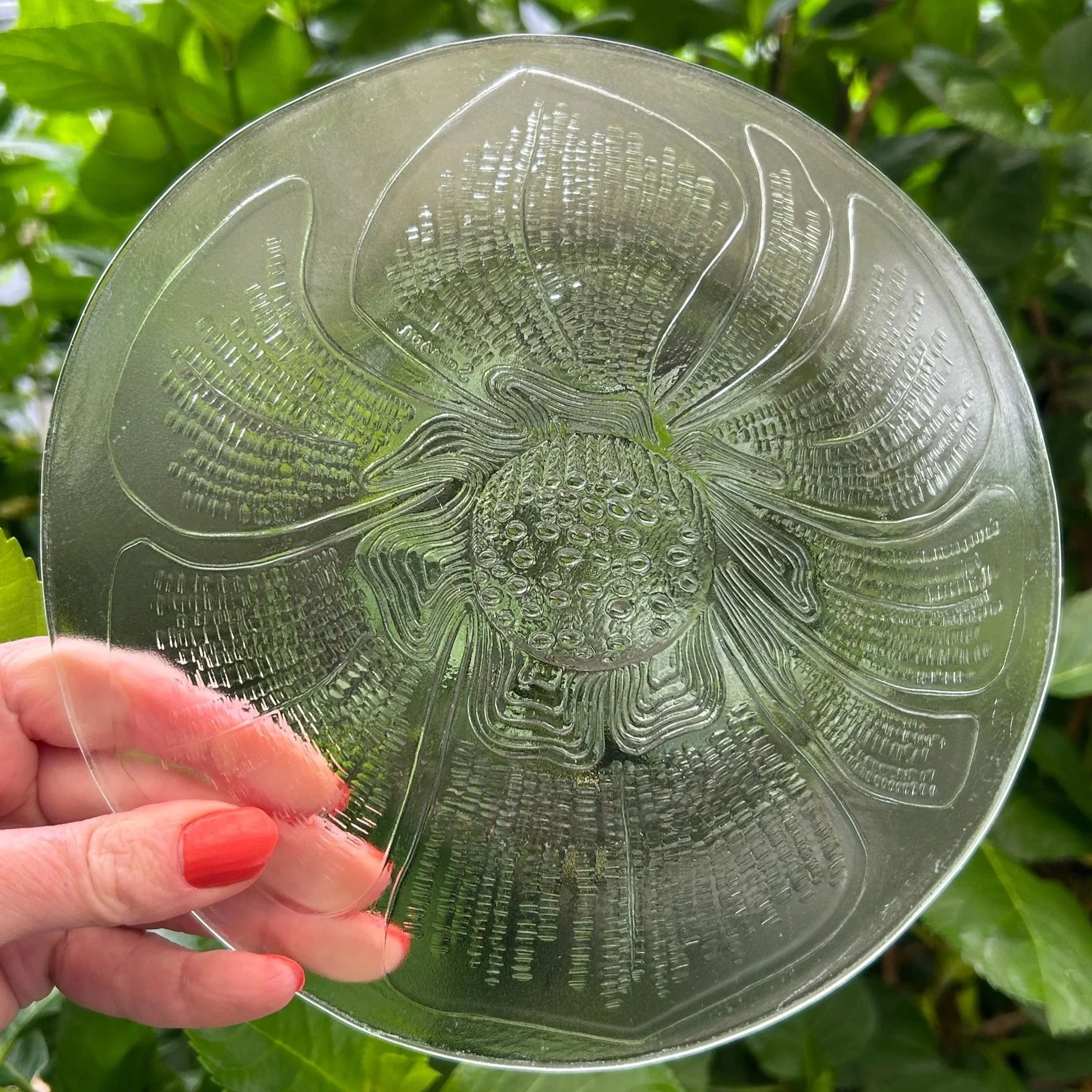 Overhead view of vintage Duralex Sainson plate with embossed flower
