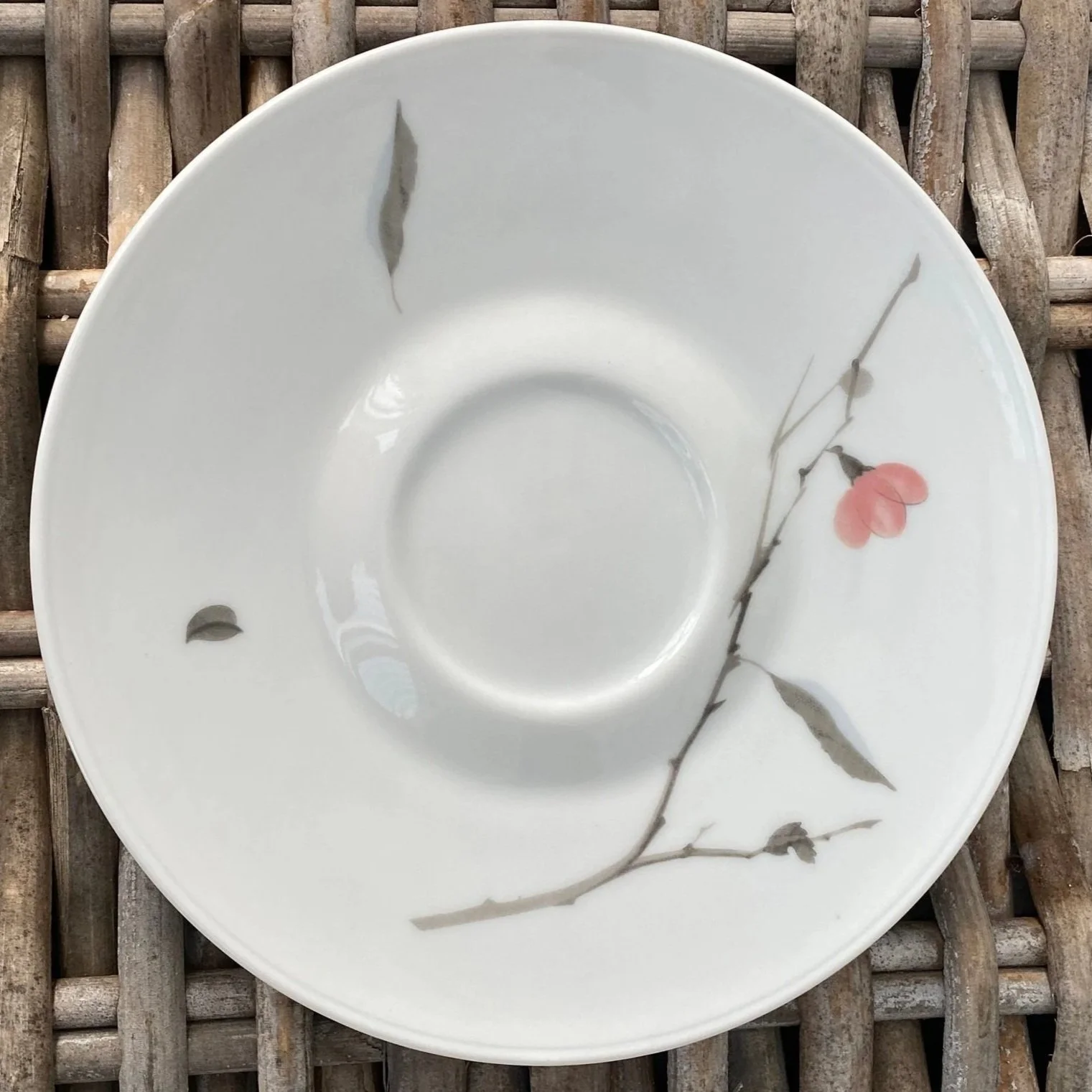 Single saucer with grey branch and pink blossom illustration
